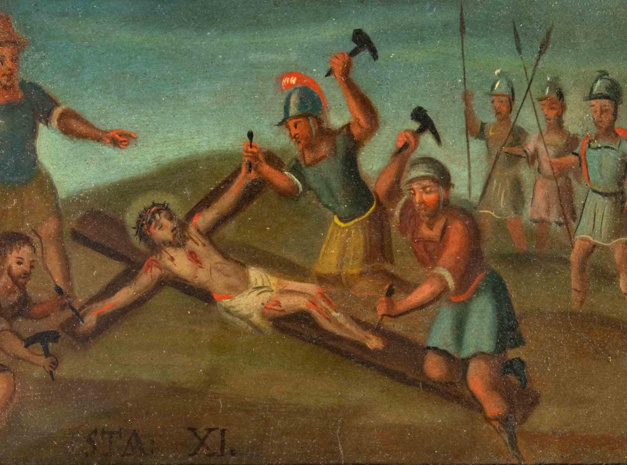 Way of the Cross - XI is an original old master artwork realized in the 17th Century by Anonymous artist.

Mixed colored oil on copper.

Titled on the lower center: STA XI (Station 11 of Via Crucis)

The artwork represents a scene from the Way of