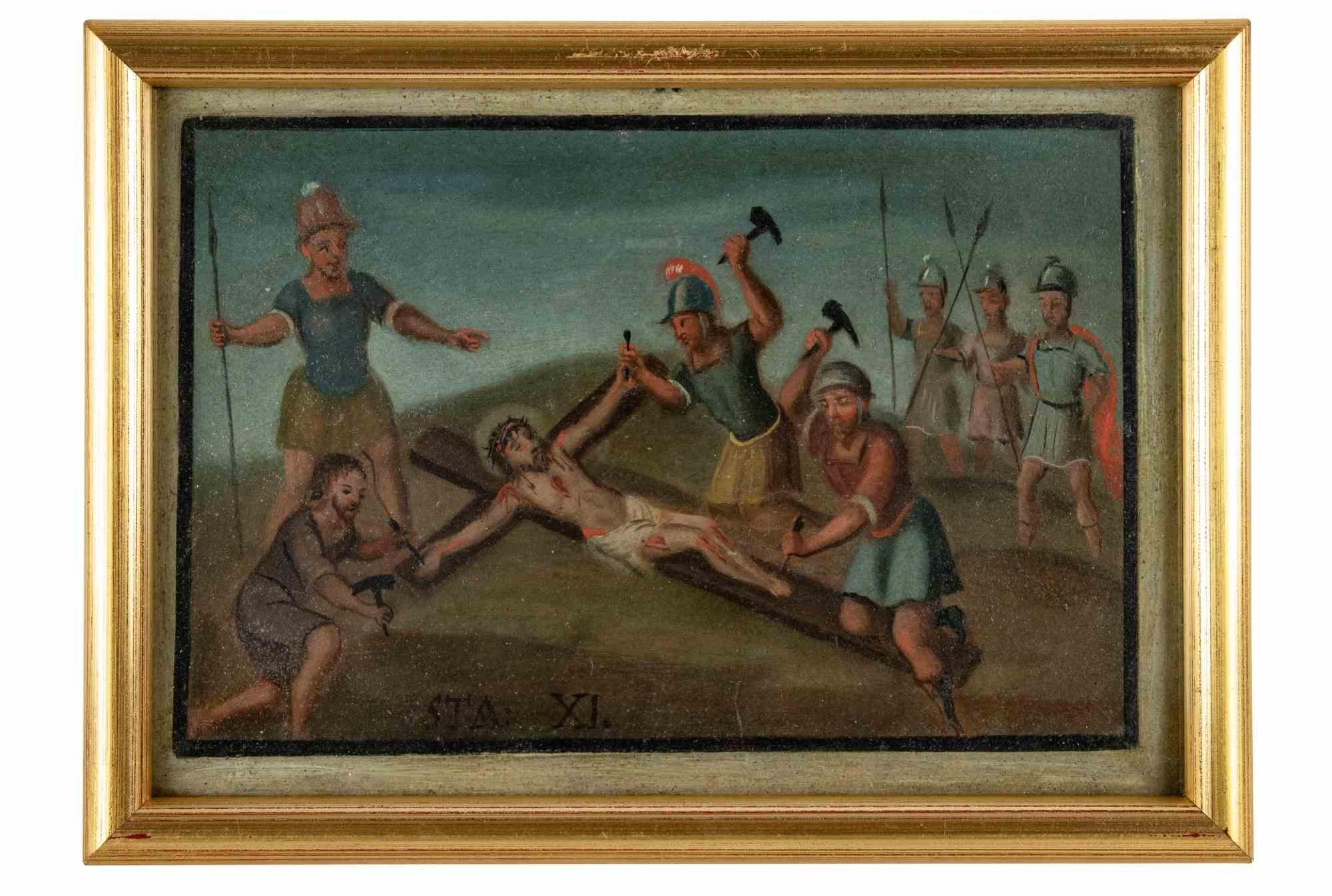 Unknown Figurative Painting - Way of the Cross - XI - Oil Painting - 17th Century