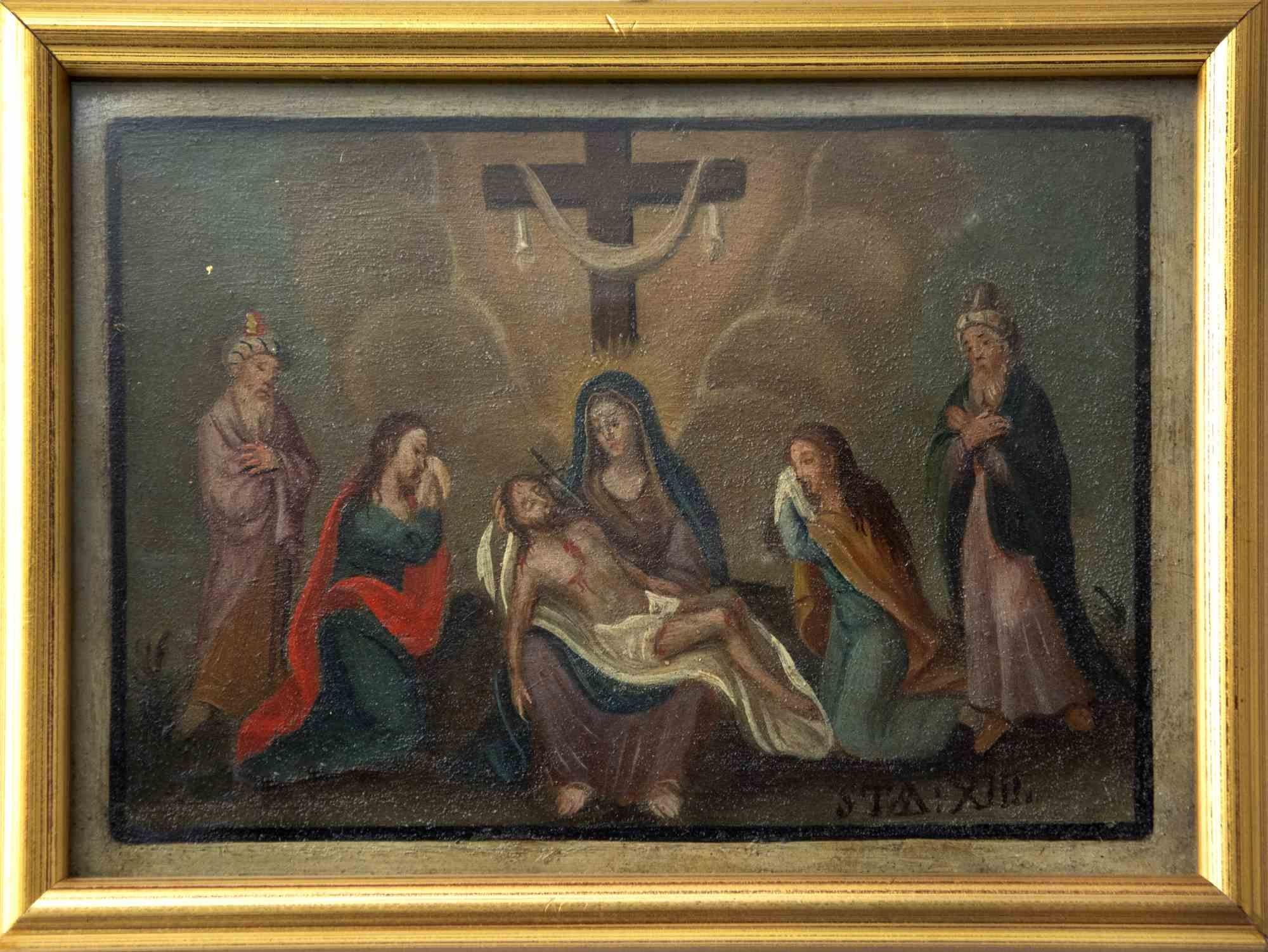 Unknown Figurative Painting - Way of the Cross - XIII - Oil Painting - 17th Century