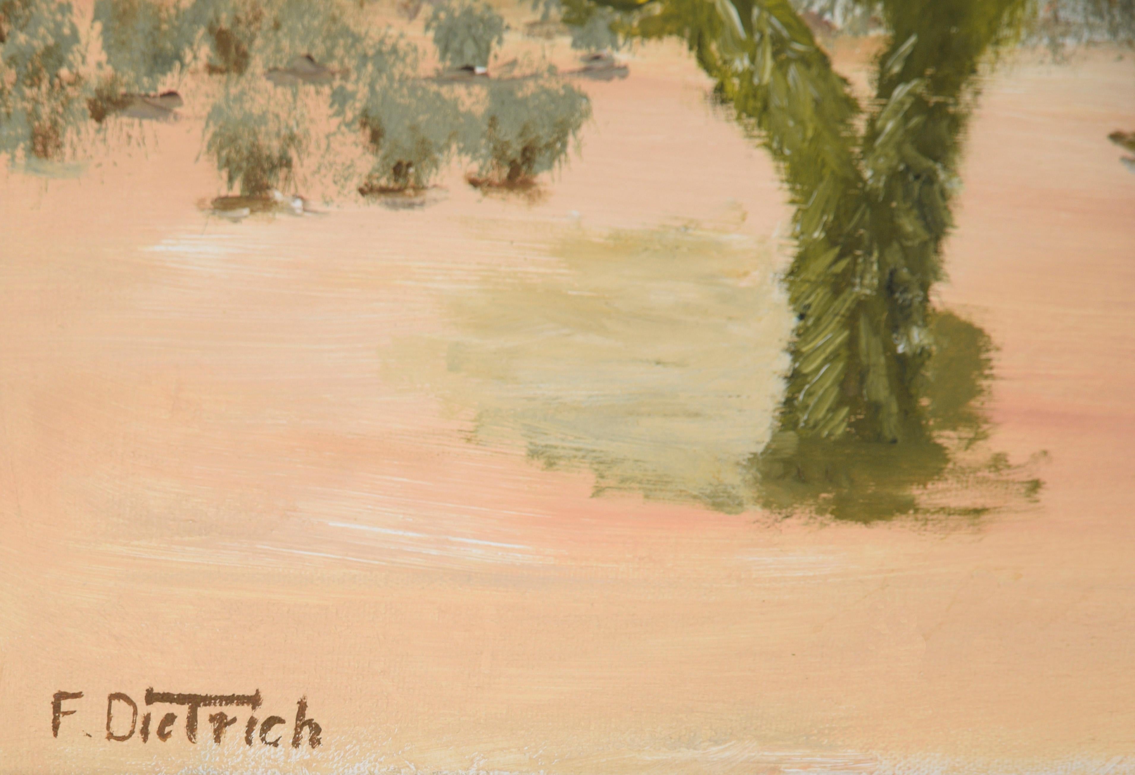 West Texas Desert - Original Oil On Canvas

Original 20th century oil painting depicting the west Texas desert by F Dietrich. Shadows of grey mountains can be seen in the background with blue skies above. A small wooden shed sits to the right, with