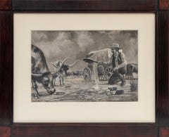 Western Cowboy Grisaille Gouache Painting with Longhorn Cattle and Wagon