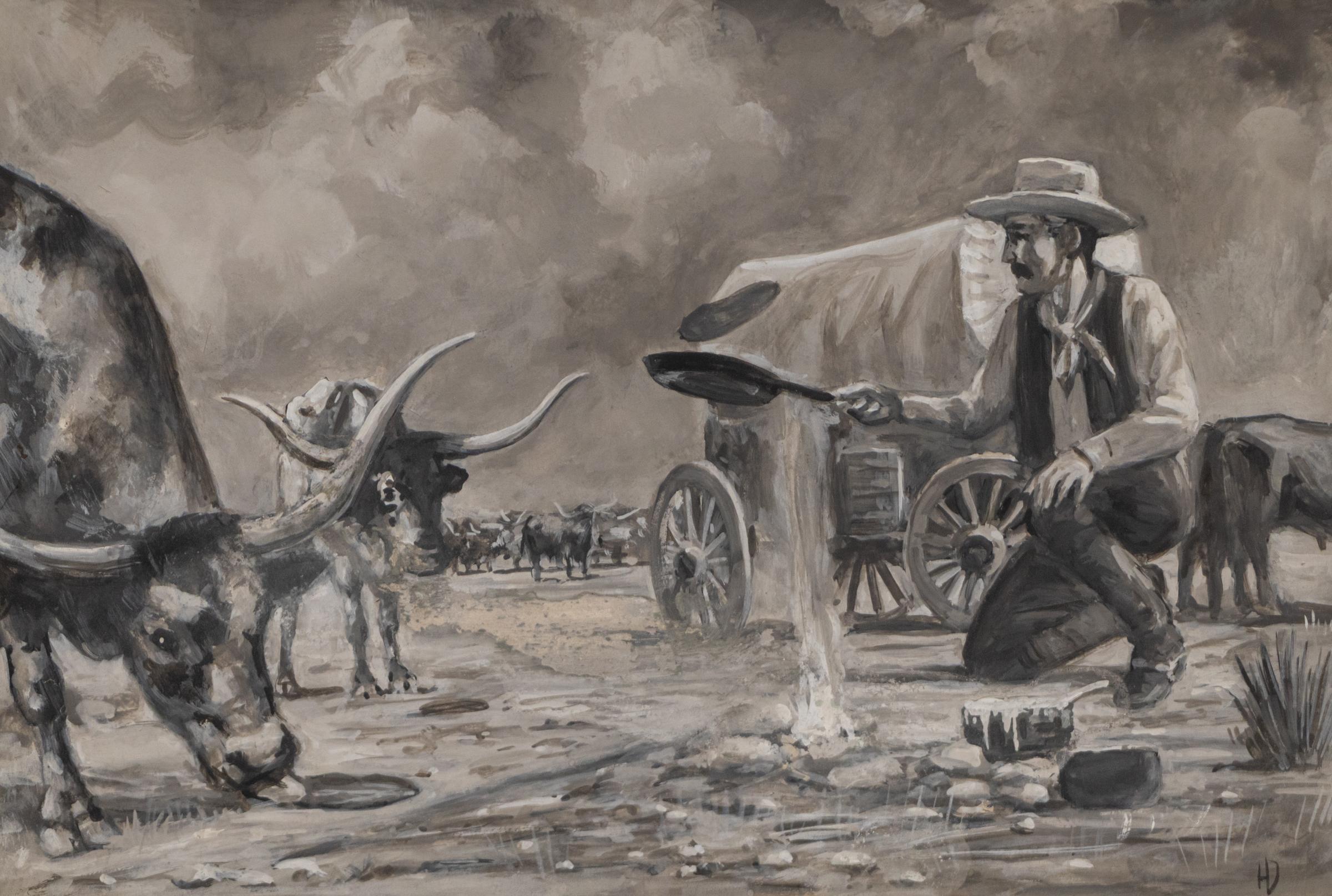 Unknown Landscape Painting - Western Cowboy Grisaille Gouache Painting with Longhorn Cattle and Wagon