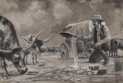 Western Cowboy Grisaille Gouache Painting with Longhorn Cattle and Wagon