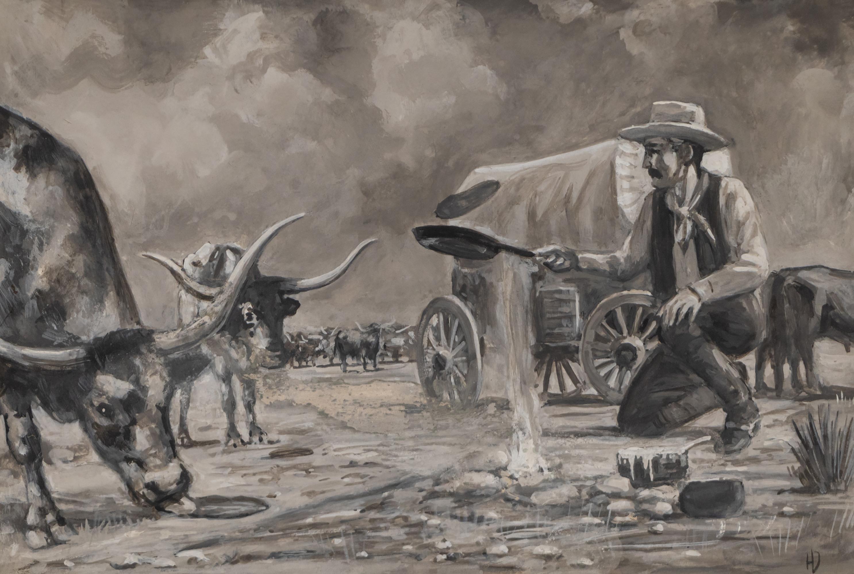 Unknown Landscape Painting – Western Cowboy Grisaille Gouache Gemälde mit Longhorn Rinder und Wagen