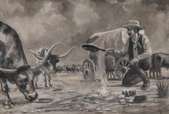 Western Cowboy Grisaille Gouache Painting with Longhorn Cattle and Wagon