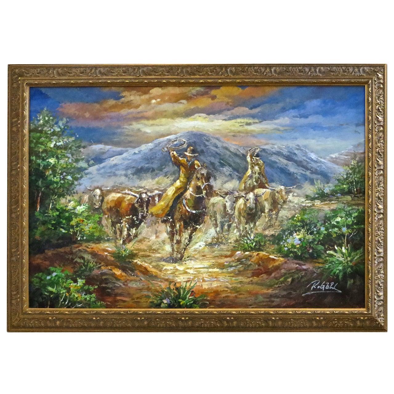 Western Painting Oil on Canvas. Roundup Scene Late 20th Century, Signed "Rogers"