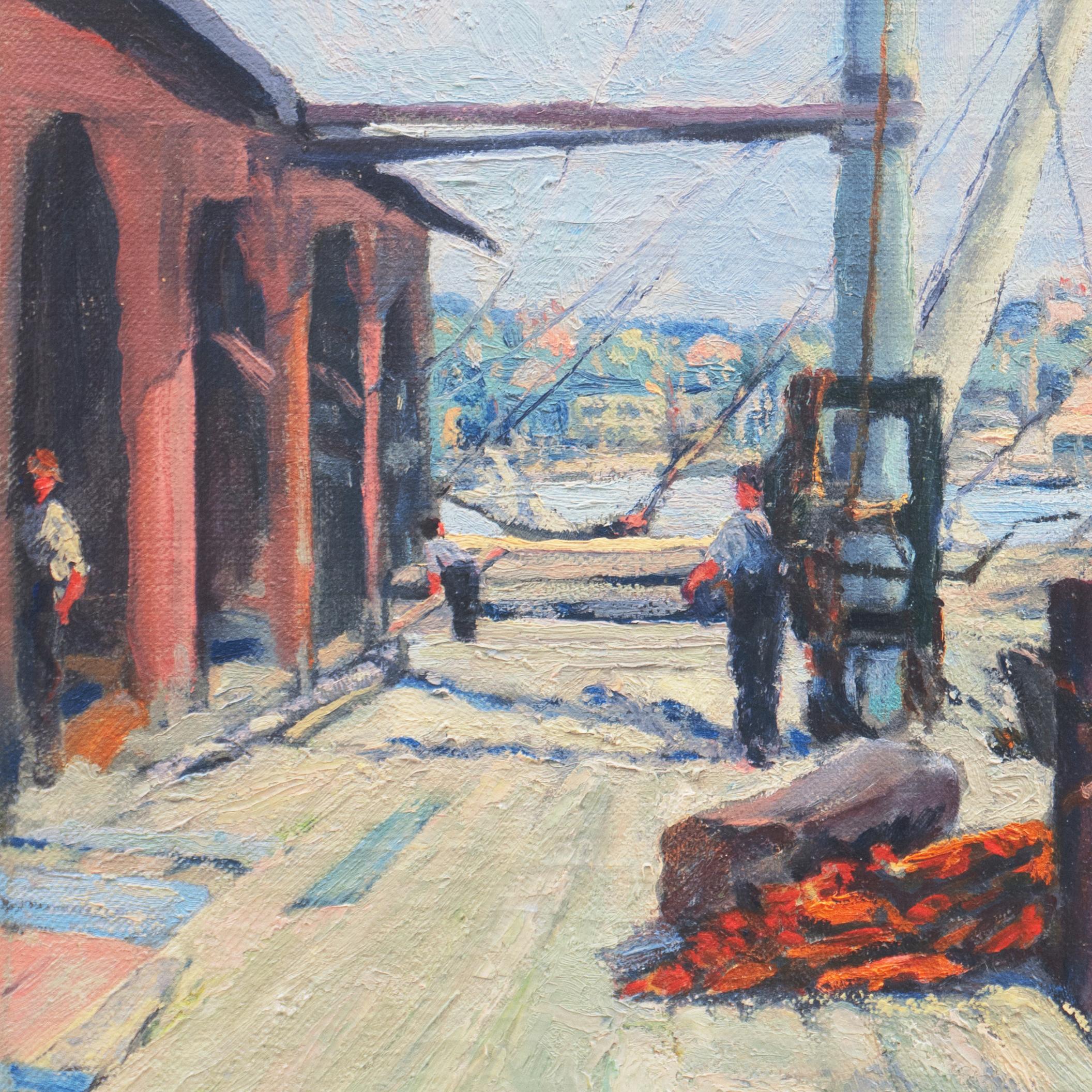 'Wharf with Dock Workers', American School, Oakland, San Francisco Bay Area Oil - Painting by American School (20th century)