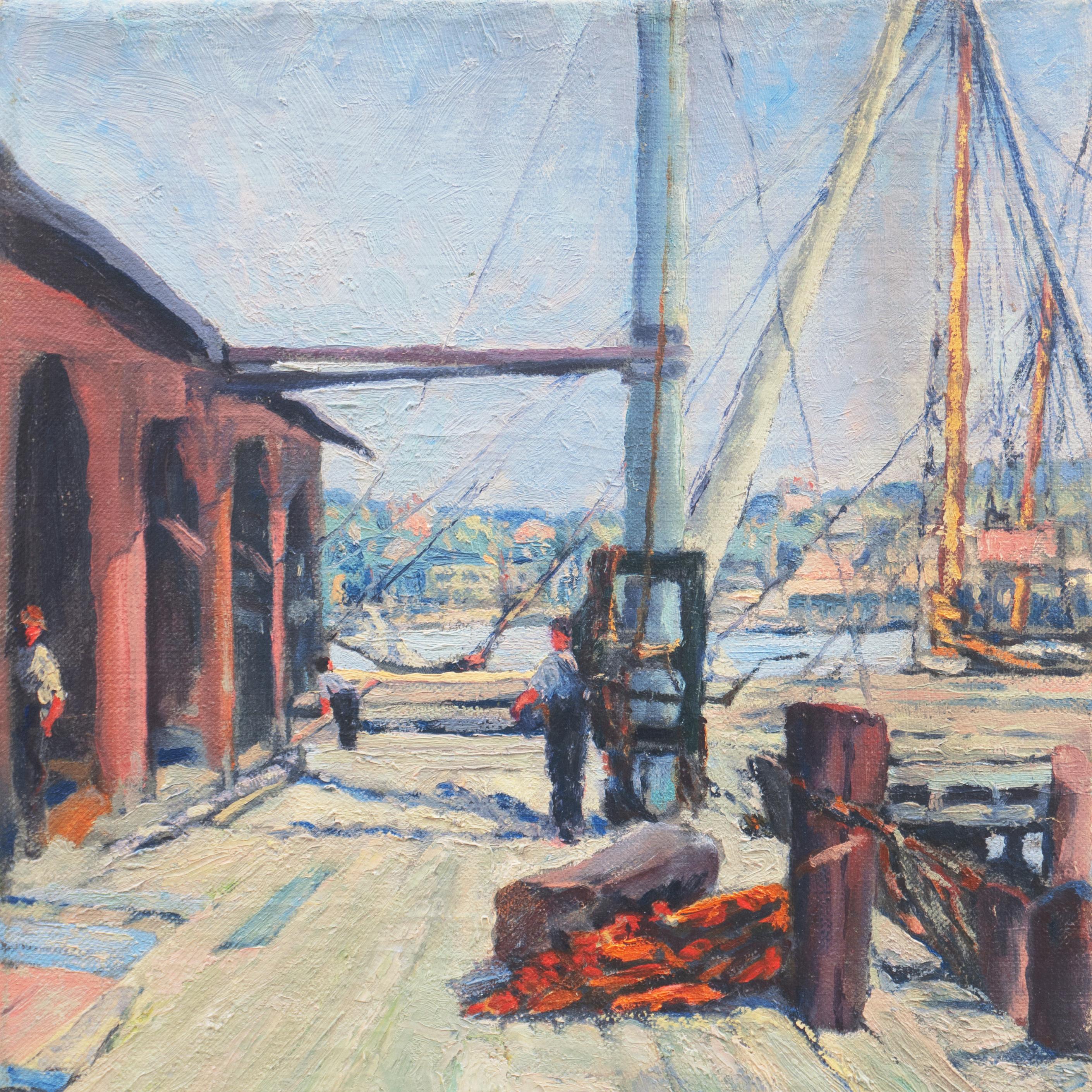 'Wharf with Dock Workers', American School, Oakland, San Francisco Bay Area Oil - Gray Landscape Painting by American School (20th century)