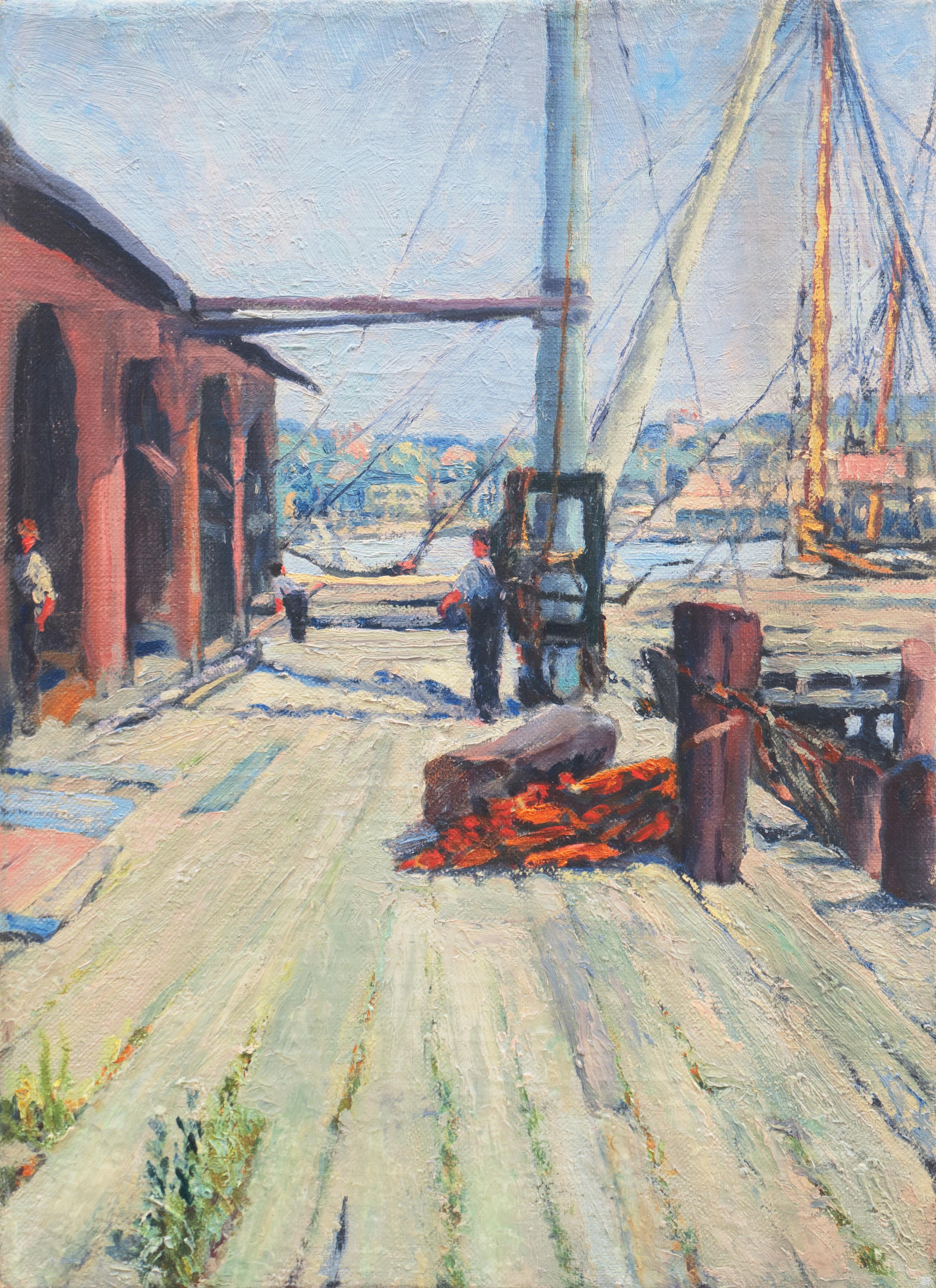 American School (20th century) Landscape Painting - 'Wharf with Dock Workers', American School, Oakland, San Francisco Bay Area Oil