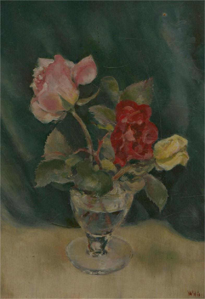 W.H.G - Framed Mid 20th Century Oil, Still Life, Two Roses - Painting by Unknown