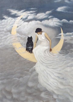 Whimsical Antique Oil Painting Woman with Owl Sitting on the Moon Gorgeous Frame