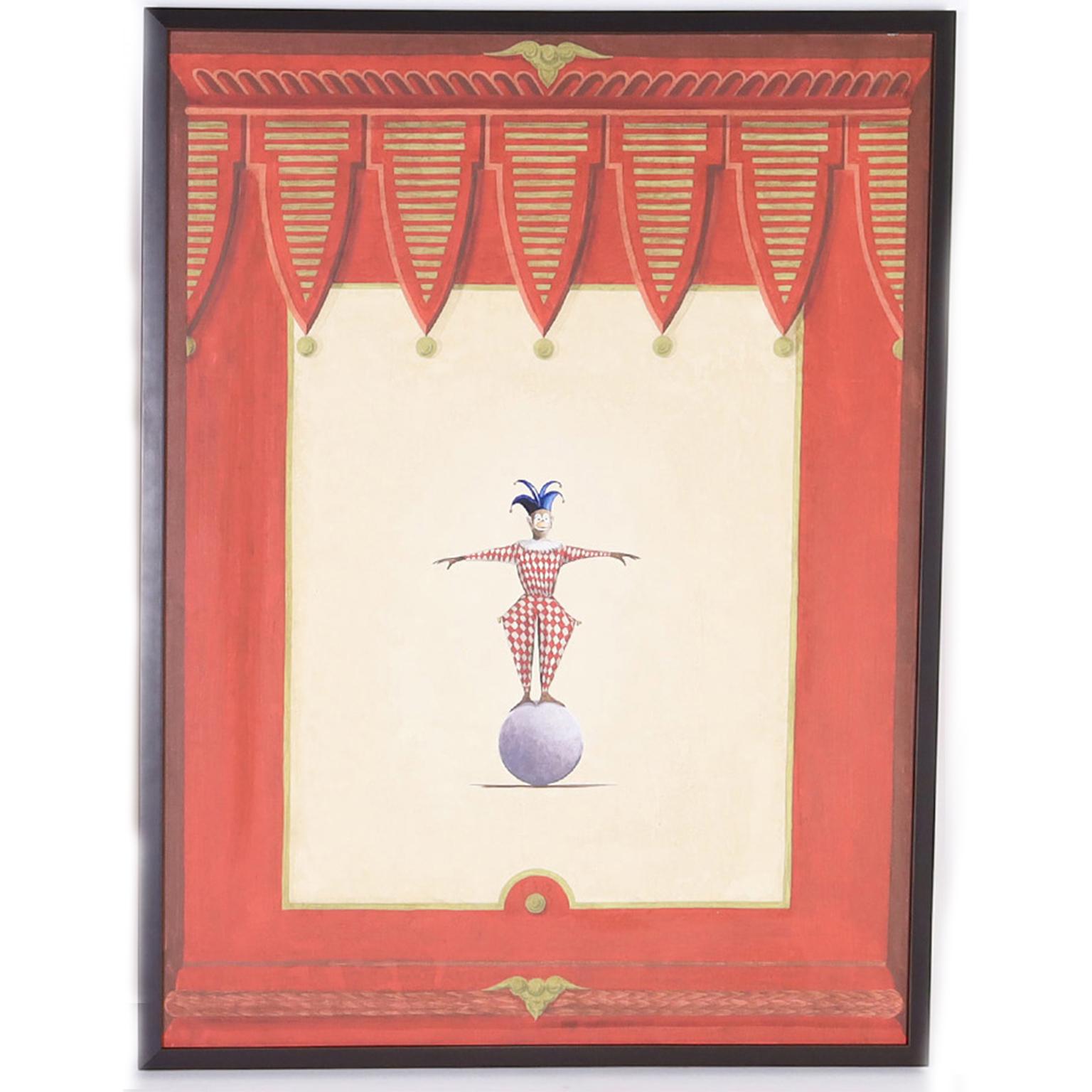Italian painting on canvas executed with a theatrical combination of trompe l’oeil and whimsey. Depicting a monkey in a court jester outfit balancing on a ball, signed Vitorio Splendore on the back.