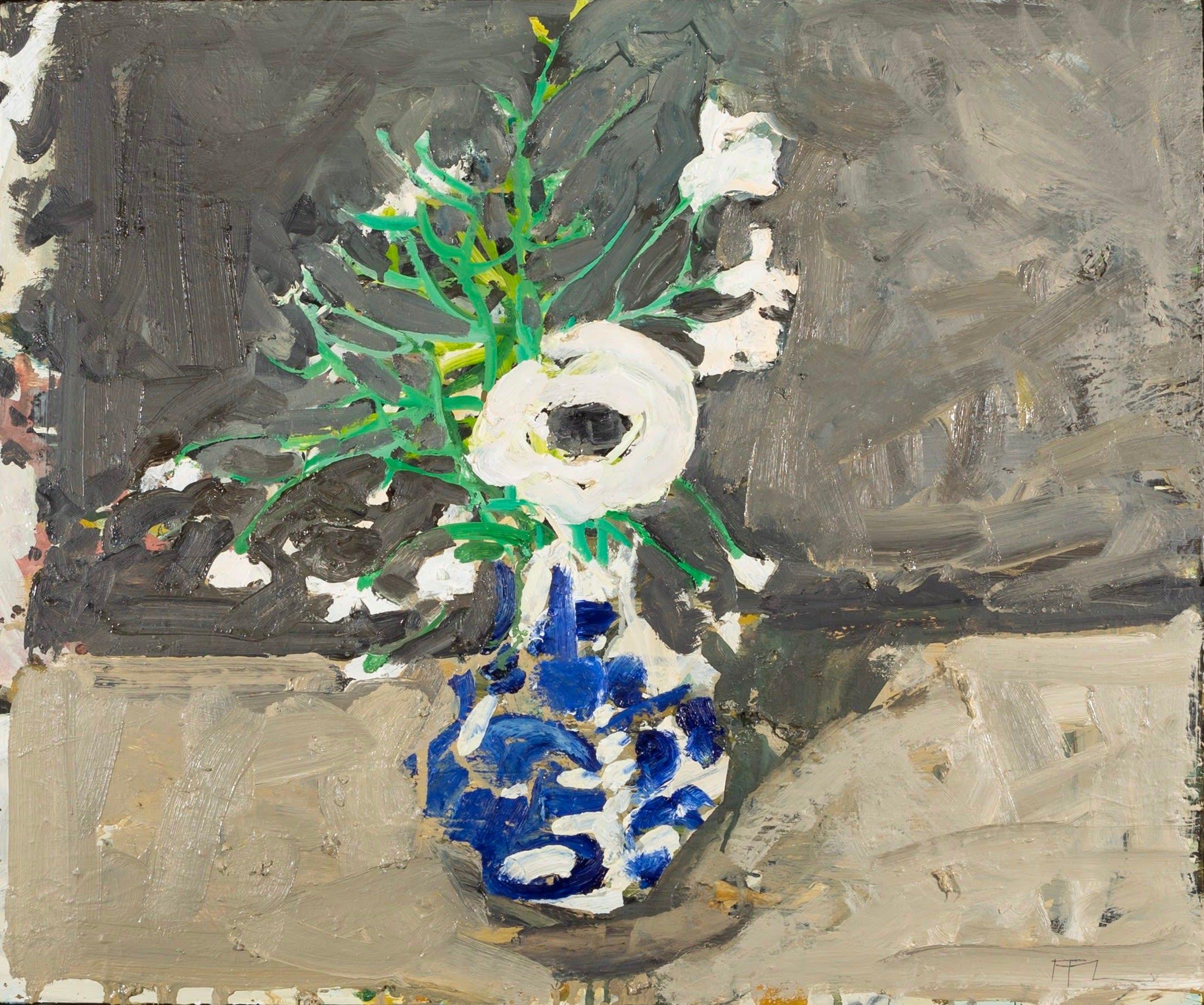 Unknown Abstract Painting – Weiße Anemone-Nacht in Weiß, Öl auf Gesso-Karton Gemälde von Ffiona Lewis, 2023