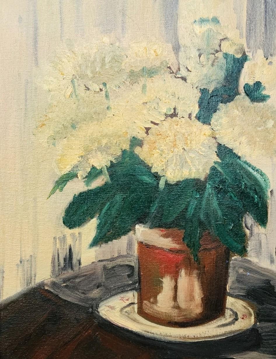 White Dahlias, Mid Century Still Life, Vintage, Flowers - Painting by Unknown