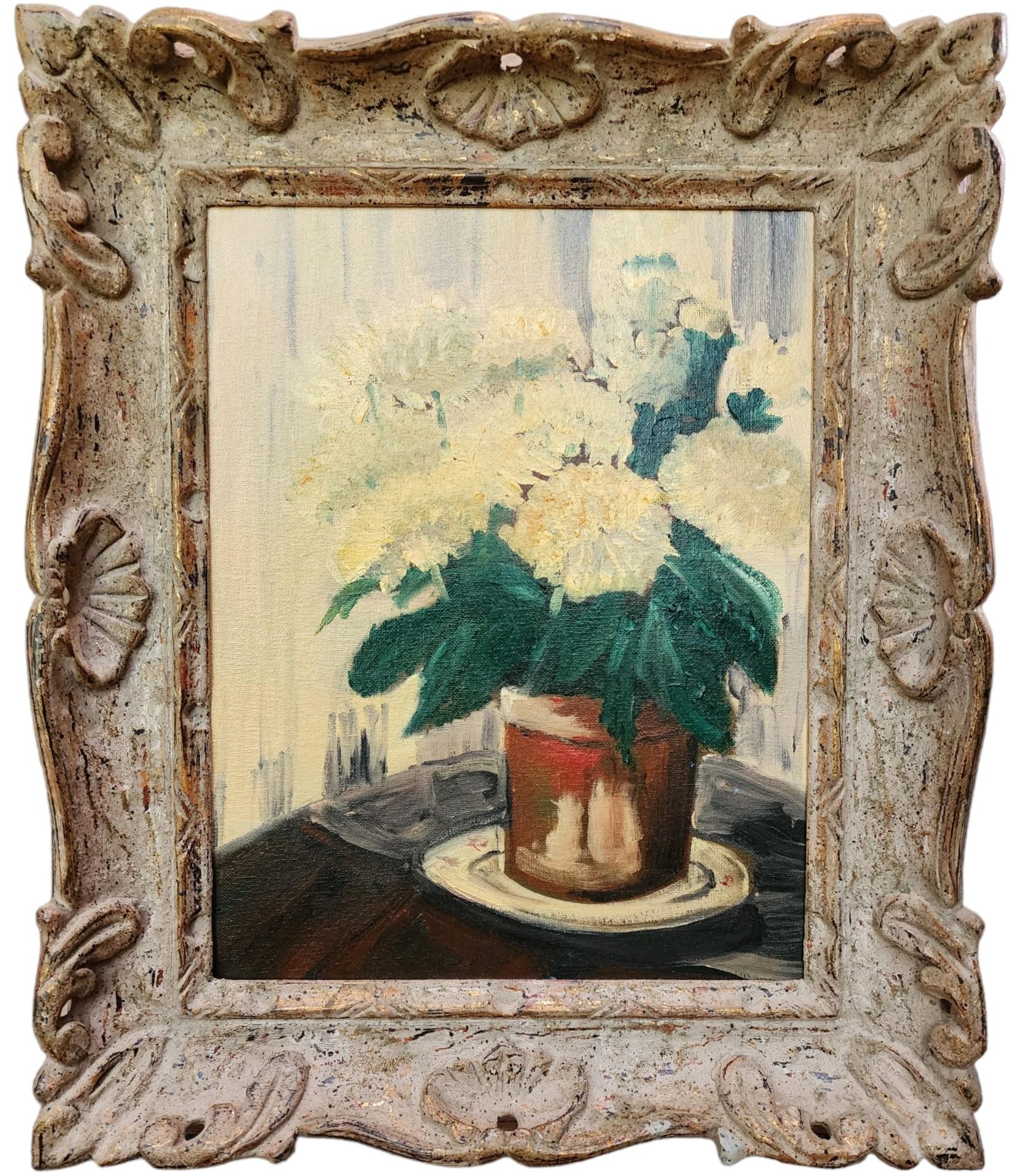 Still-Life Painting Unknown - Dahlias blancs, Nature morte du milieu du siècle, Vintage, Fleurs