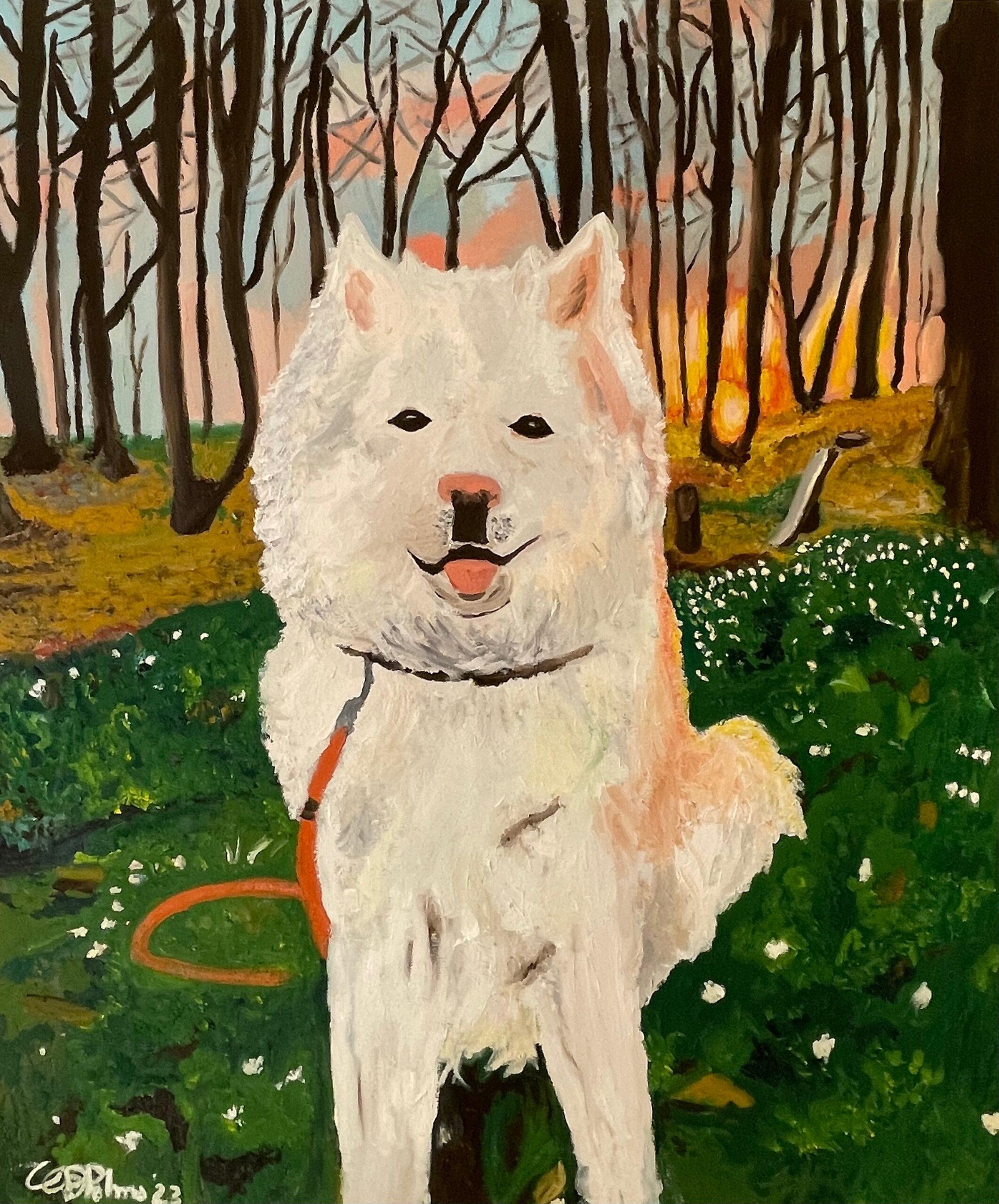 White dog at the park by Vincenzo di Palma - Painting by Unknown