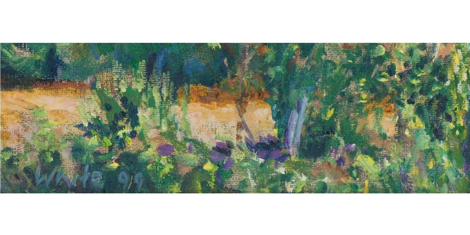 A vibrant Impressionistic landscape in Tuscany, Italy. Exhibited at the Royal College of Surgeons of England Bicentenary Fine Art Exhibition (exhibition label verso). Presented in a modern hand finished frame with 23.5 carat gold leaf. Signed and