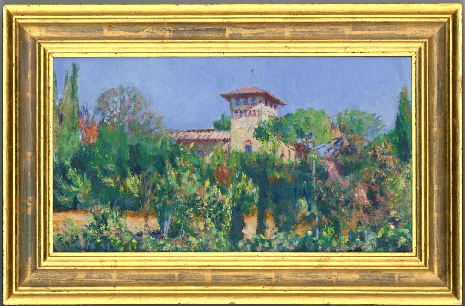 Unknown Landscape Painting -  White - Exhibited & Signed 1999 English Oil, Tuscan Landscape