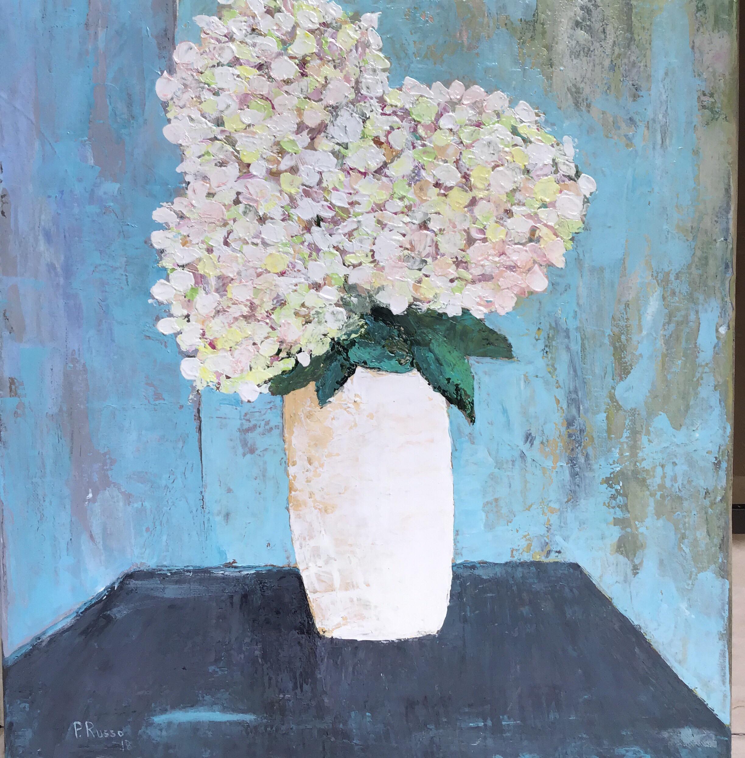White on Blue  Bouquet of Flowers by P.Russo - Painting by Unknown