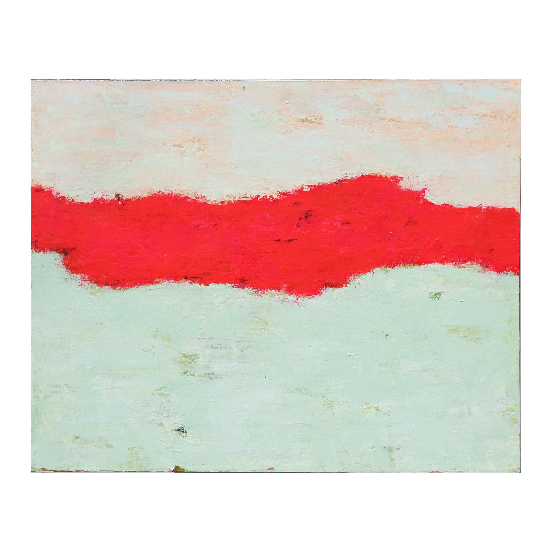 White, Red, and Light Blue Horizontal Abstract Expressionist Painting