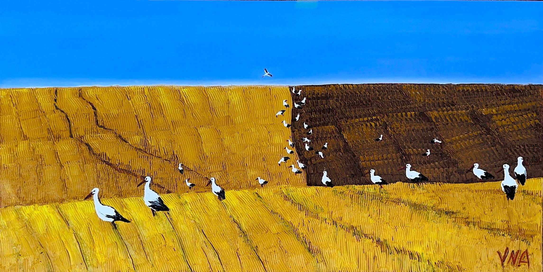 White storks on Ukrainian grain field by Vokiana - Painting by Unknown