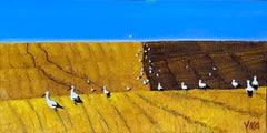 Cigognes blanches dans un champ de céréales ukrainien par Vokiana