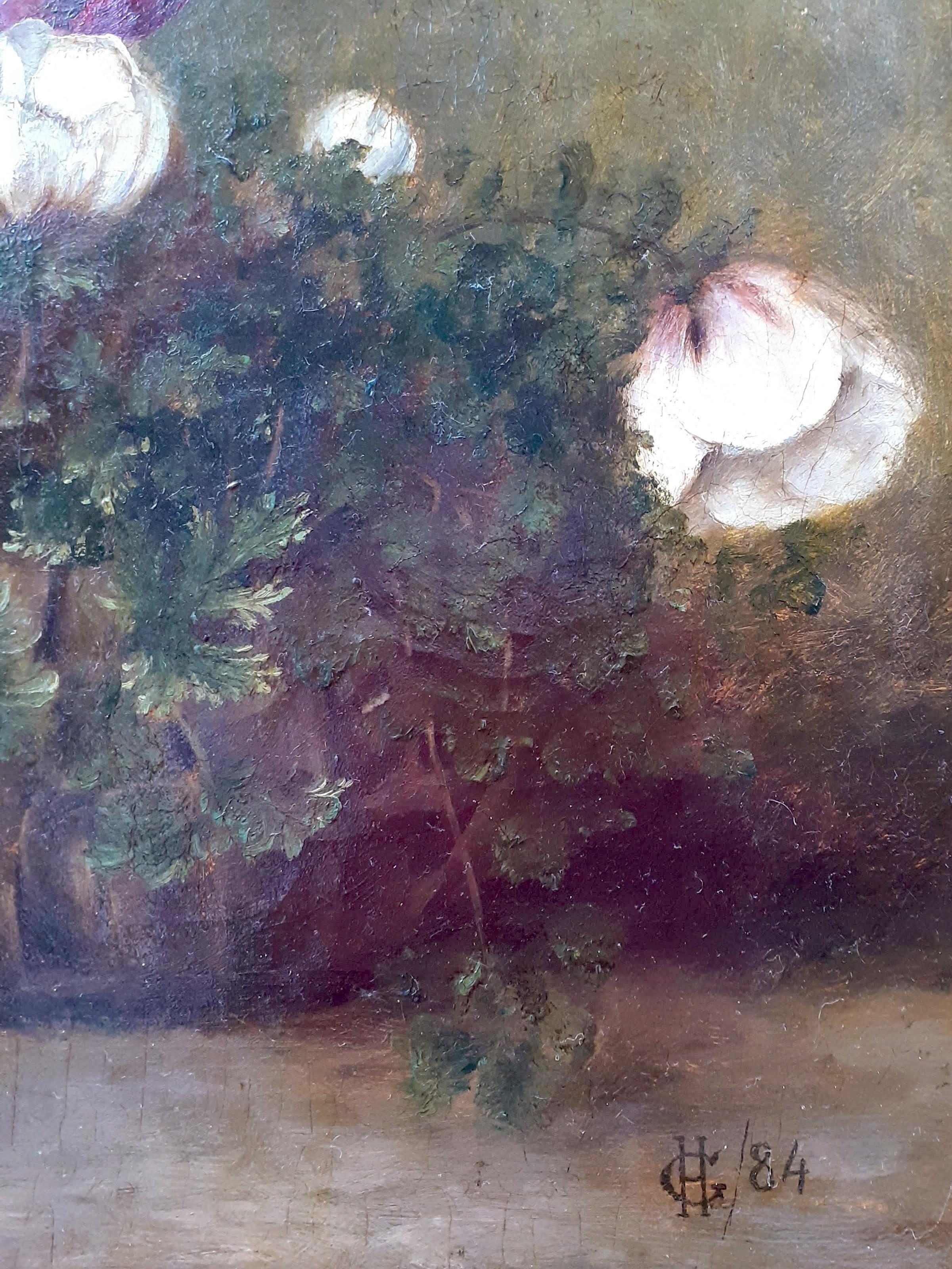 Ein charmantes Gemälde aus dem 19. Jahrhundert mit Anemonenblüten in einem Weidenkorb. Sie hat eine warme, saisonale und festliche Ausstrahlung. Ich liebe die große Einfachheit und Aufrichtigkeit, die sie ausstrahlt. Unser Öl auf Leinwand ist