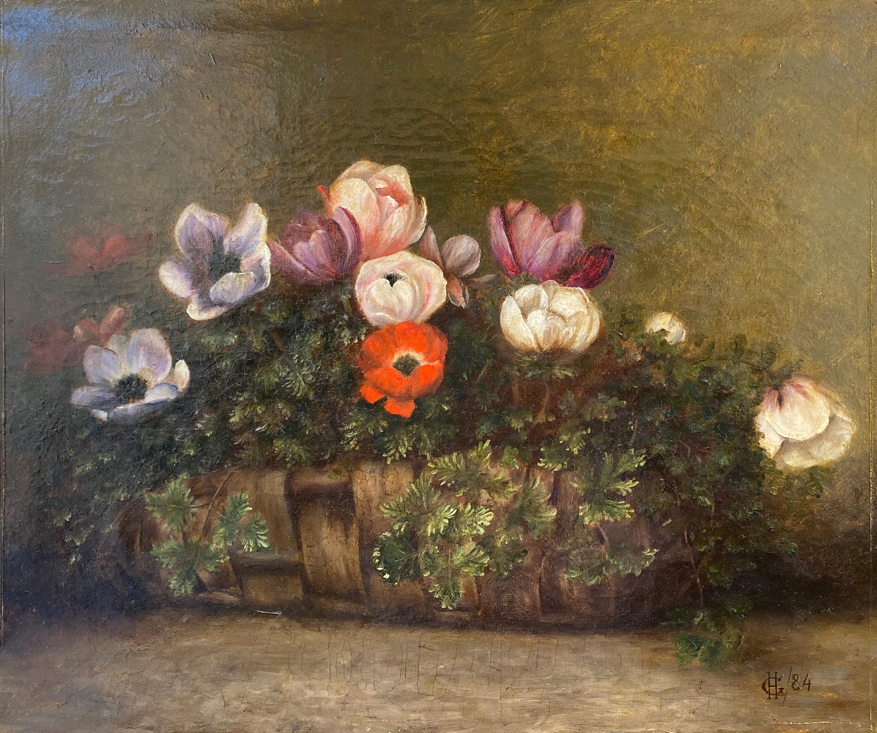 Wicket basket with Anemones a humble festive gift 19th century floral still life - Painting by Unknown
