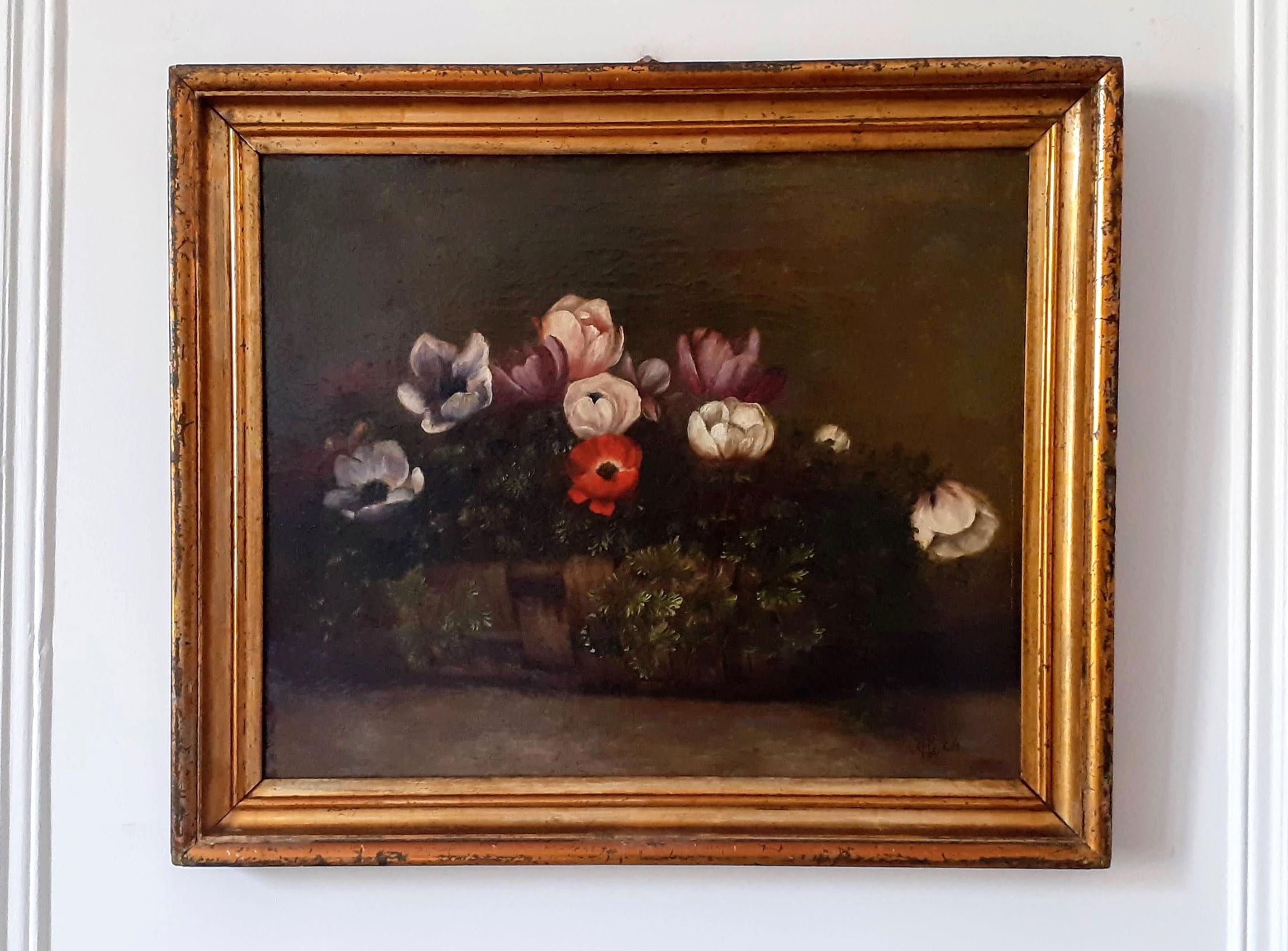 Corbeille en osier avec motifs anciens, cadeau de fête modeste, nature morte florale du 19ème siècle en vente 1