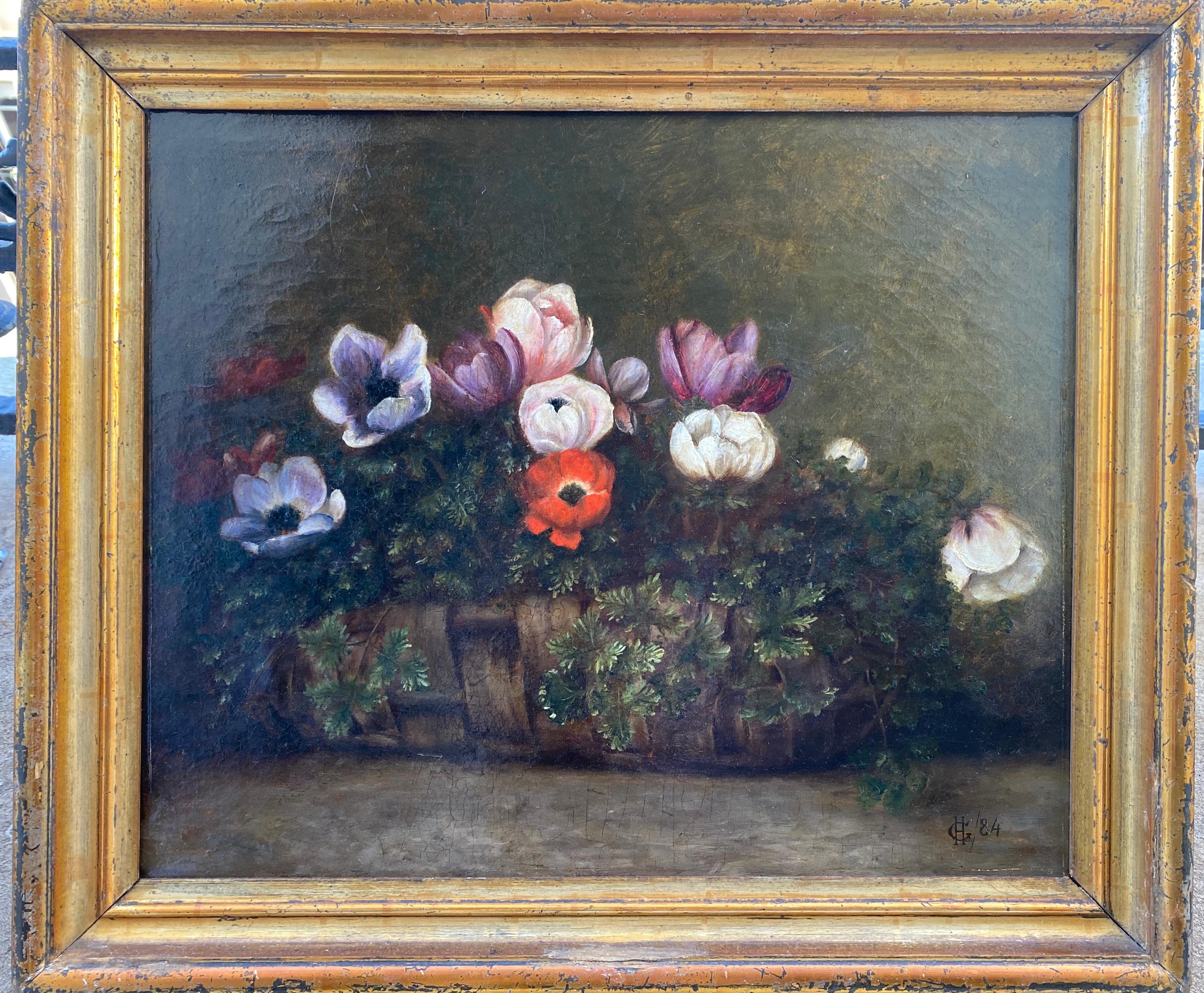 Korb aus Korbweide mit Anhängern, ein bescheidenes Festliches Geschenk, Blumenstillleben aus dem 19. Jahrhundert (Französische Schule), Painting, von Unknown