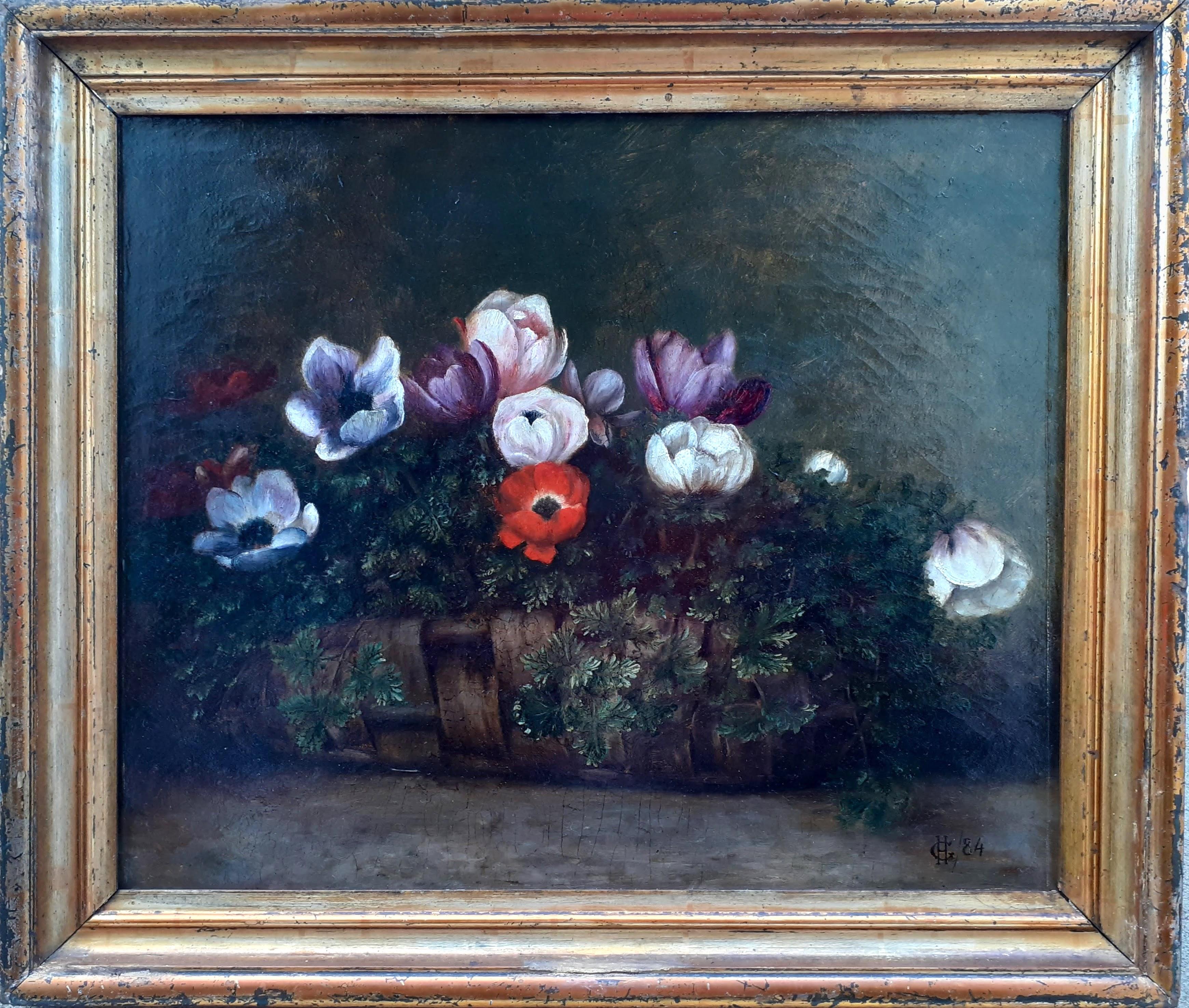 Corbeille en osier avec motifs anciens, cadeau de fête modeste, nature morte florale du 19ème siècle
