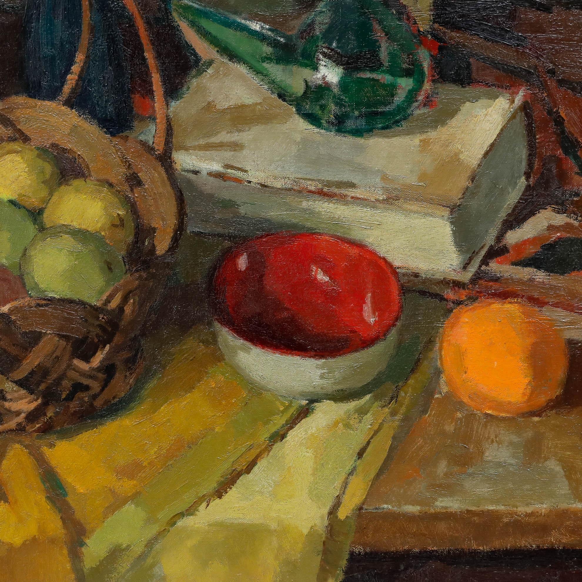 This vibrant mid-century still life by Wil van Dinther (1917–1997) showcases an eclectic arrangement of flowers, glass, and ceramics. The piece is defined by bold brushwork and a harmonious interplay of colours, creating a visual feast that
