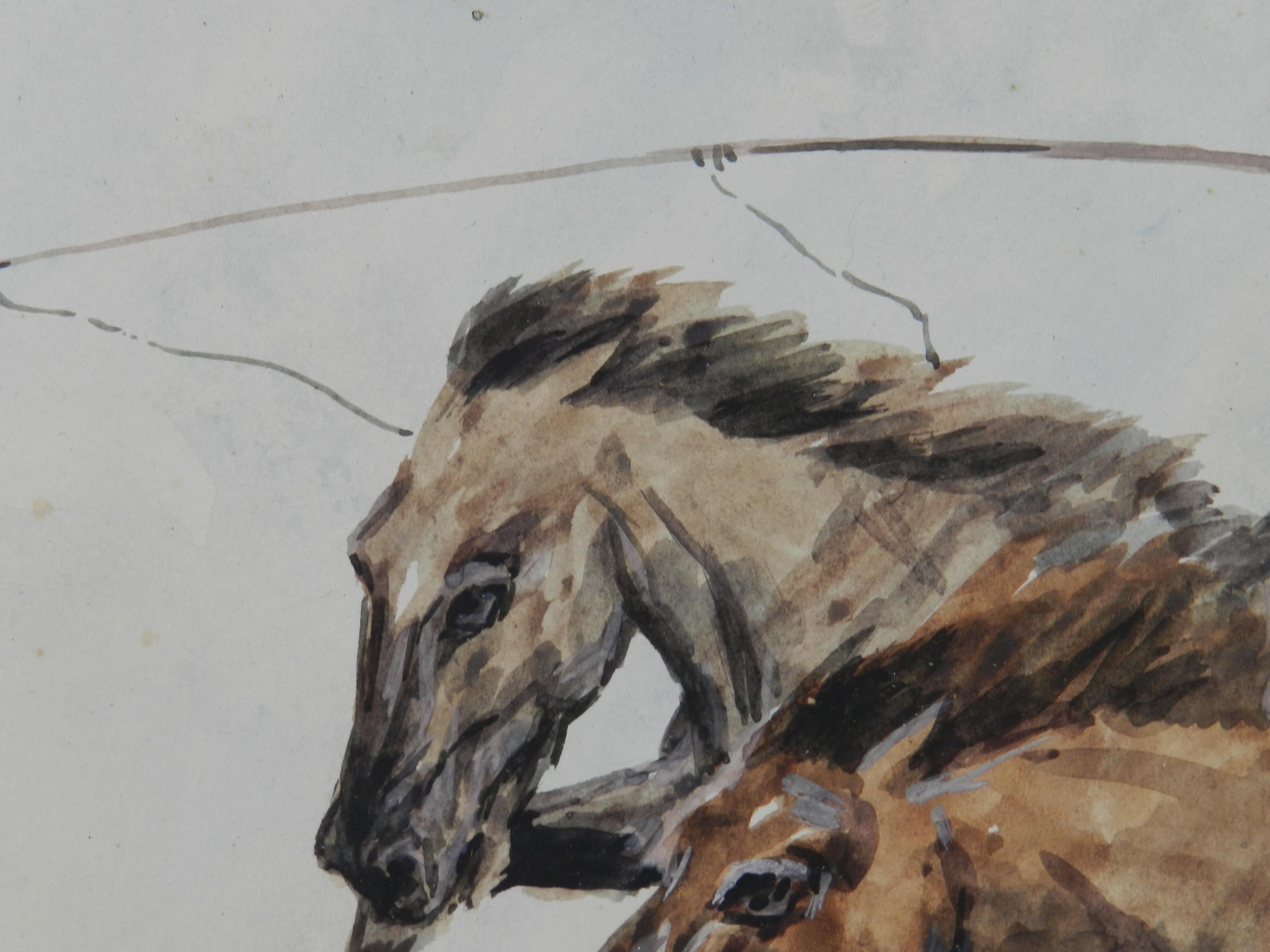 Wild Horses Watercolor Painting Asian early 20th Century Unframed For Sale 8