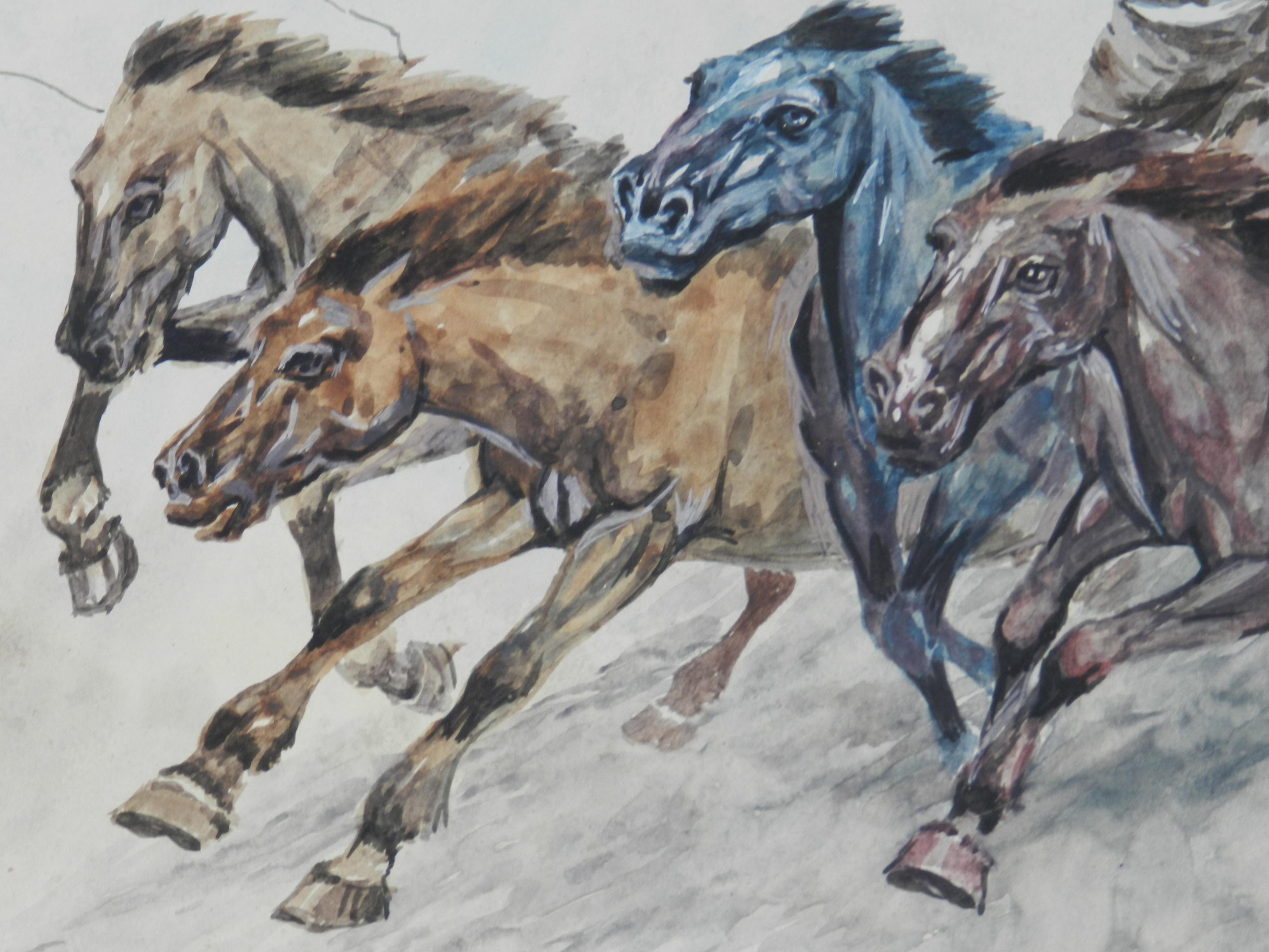 Wild Horses 
Watercolour of horses and their driver
Hard to read the signature


 