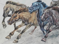 Wild Horses Watercolor Painting Asian early 20th Century Unframed