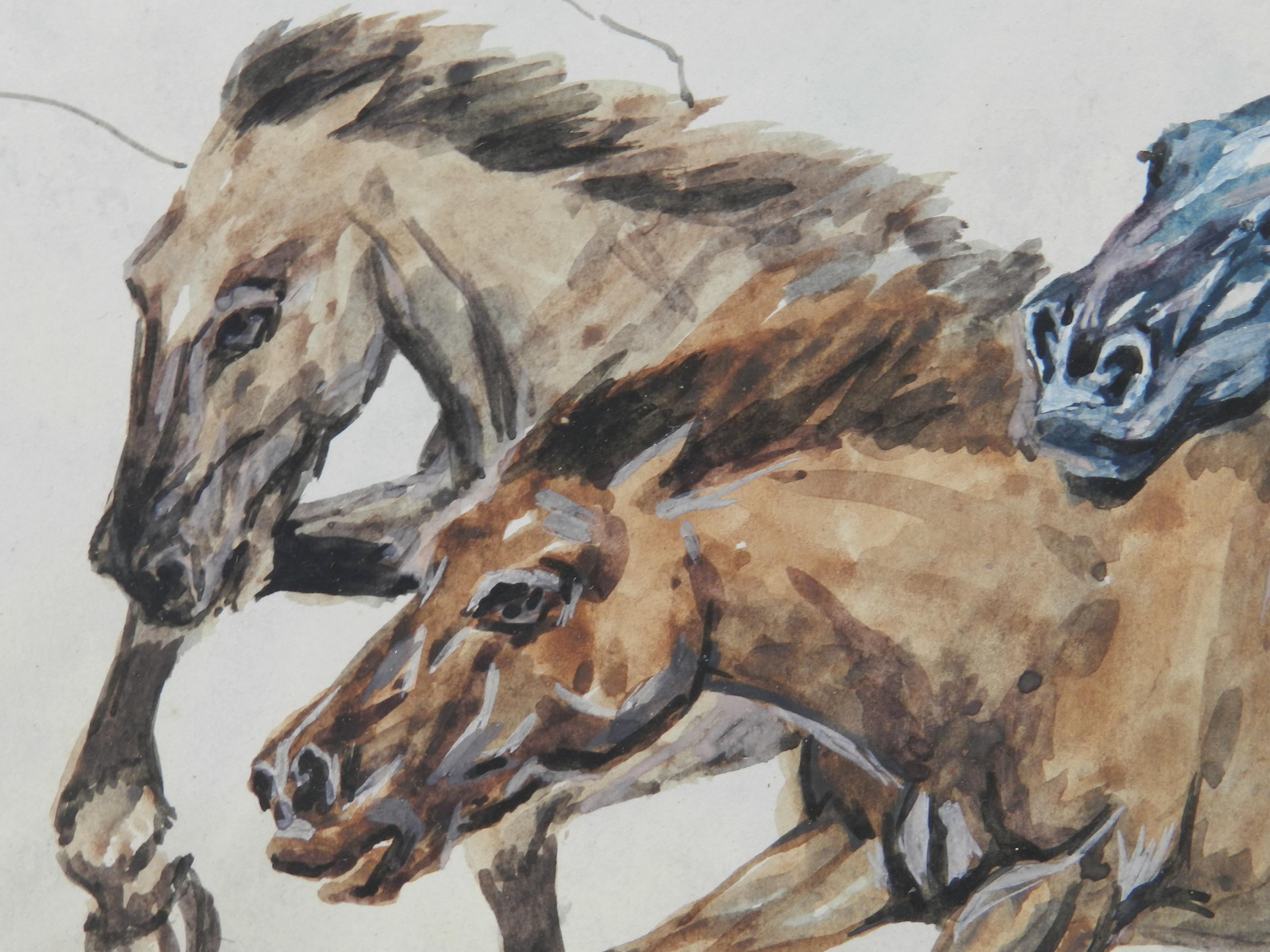 Wild Horses Watercolor Painting Asian early 20th Century Unframed For Sale 4