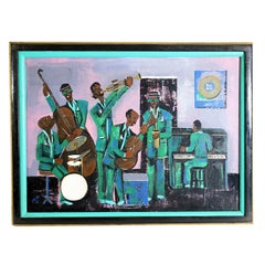 Wildly colorful painting of an African American band set at Blue Note studios