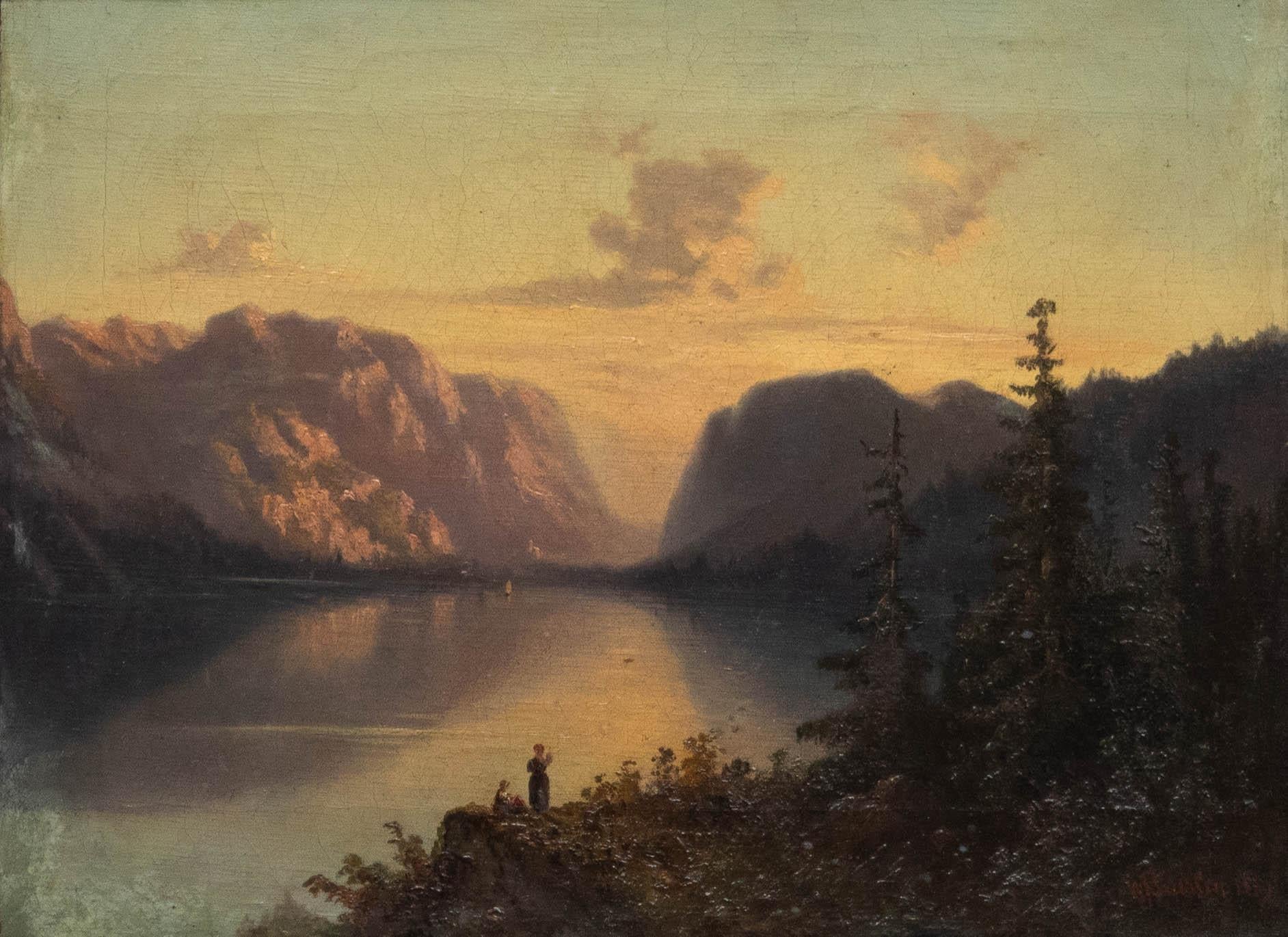 Wilhelm F. Beurlin - Framed Mid 19th Century Oil, Mountain Range at Sunset - Painting by Unknown