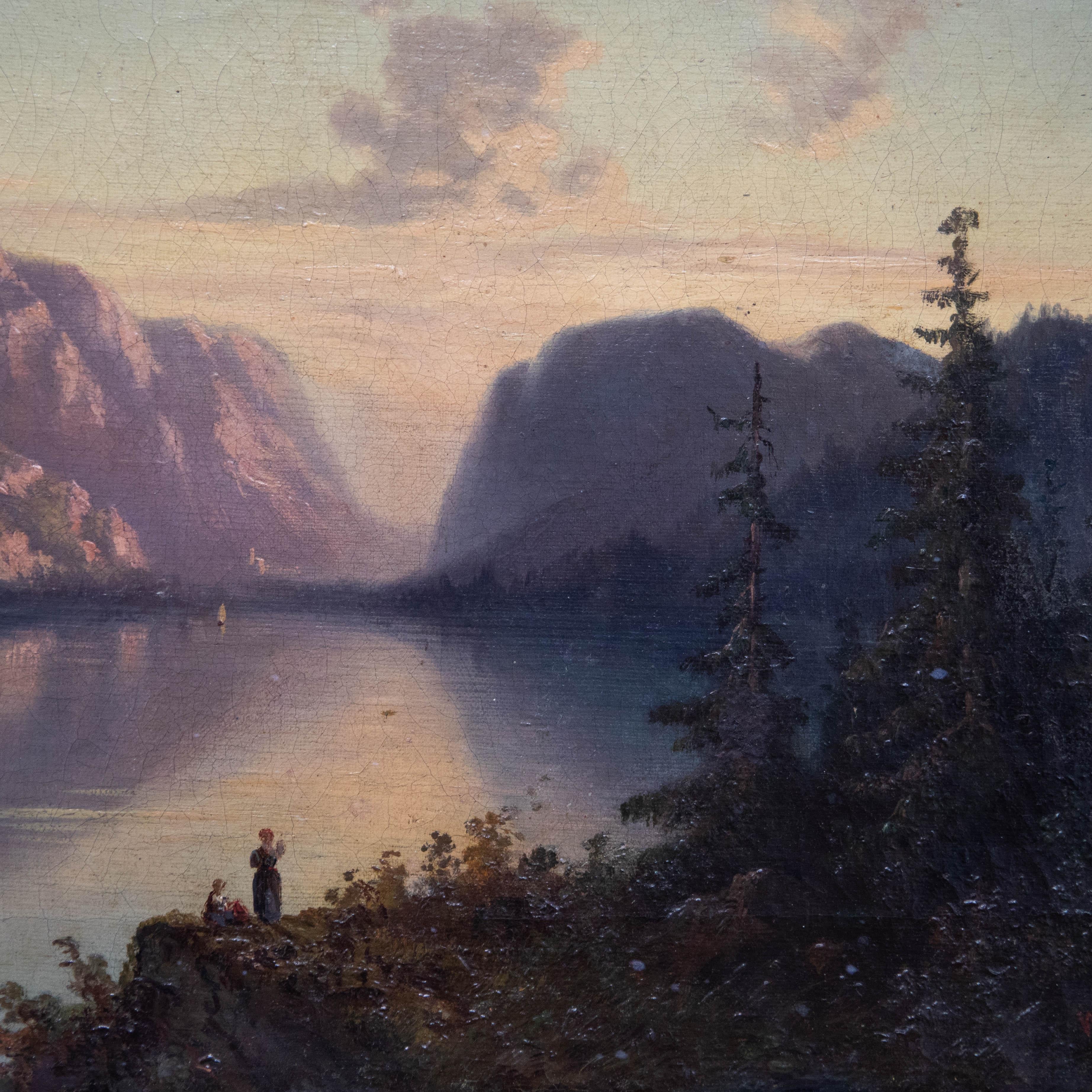 Wilhelm F. Beurlin - Framed Mid 19th Century Oil, Mountain Range at Sunset For Sale 1