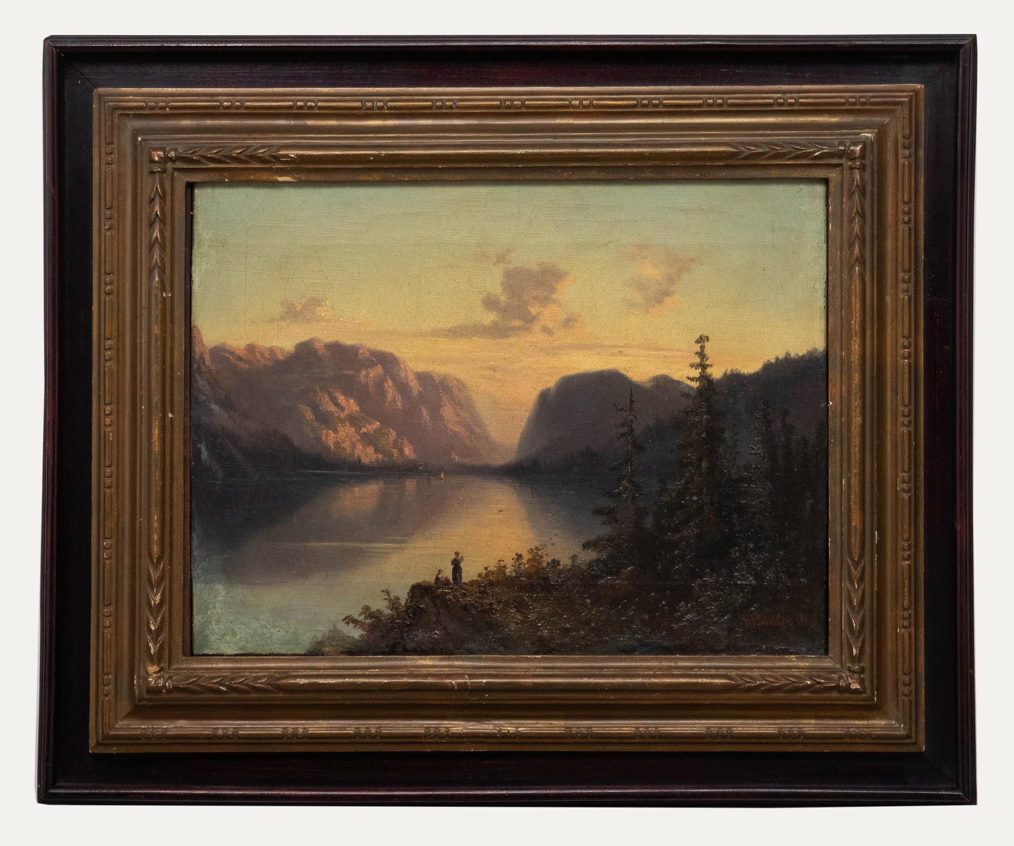 Unknown Landscape Painting - Wilhelm F. Beurlin - Framed Mid 19th Century Oil, Mountain Range at Sunset