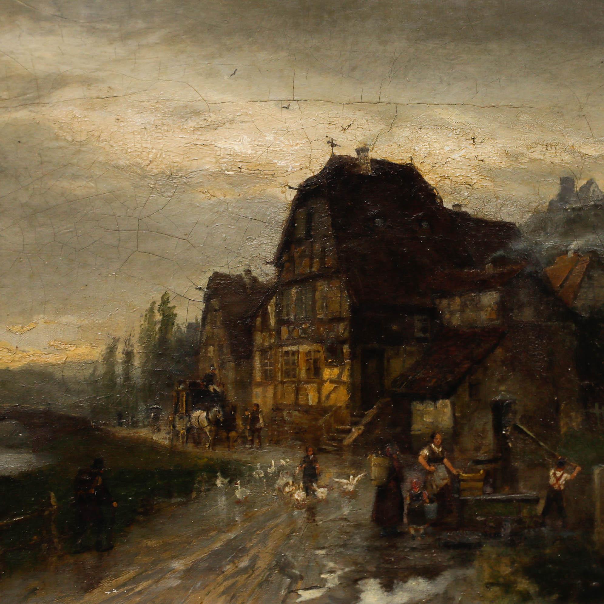 Wilhelm Ritter (1860-1948) Deutscher, Öl auf Leinwand. Am Dorfbrunnen in einem rheinischen Dorf, dahinter ein Pferdefuhrwerk. Signiert unten links. Präsentiert in einem kunstvollen Gessorahmen mit Akanthus- und Beerenfries. 