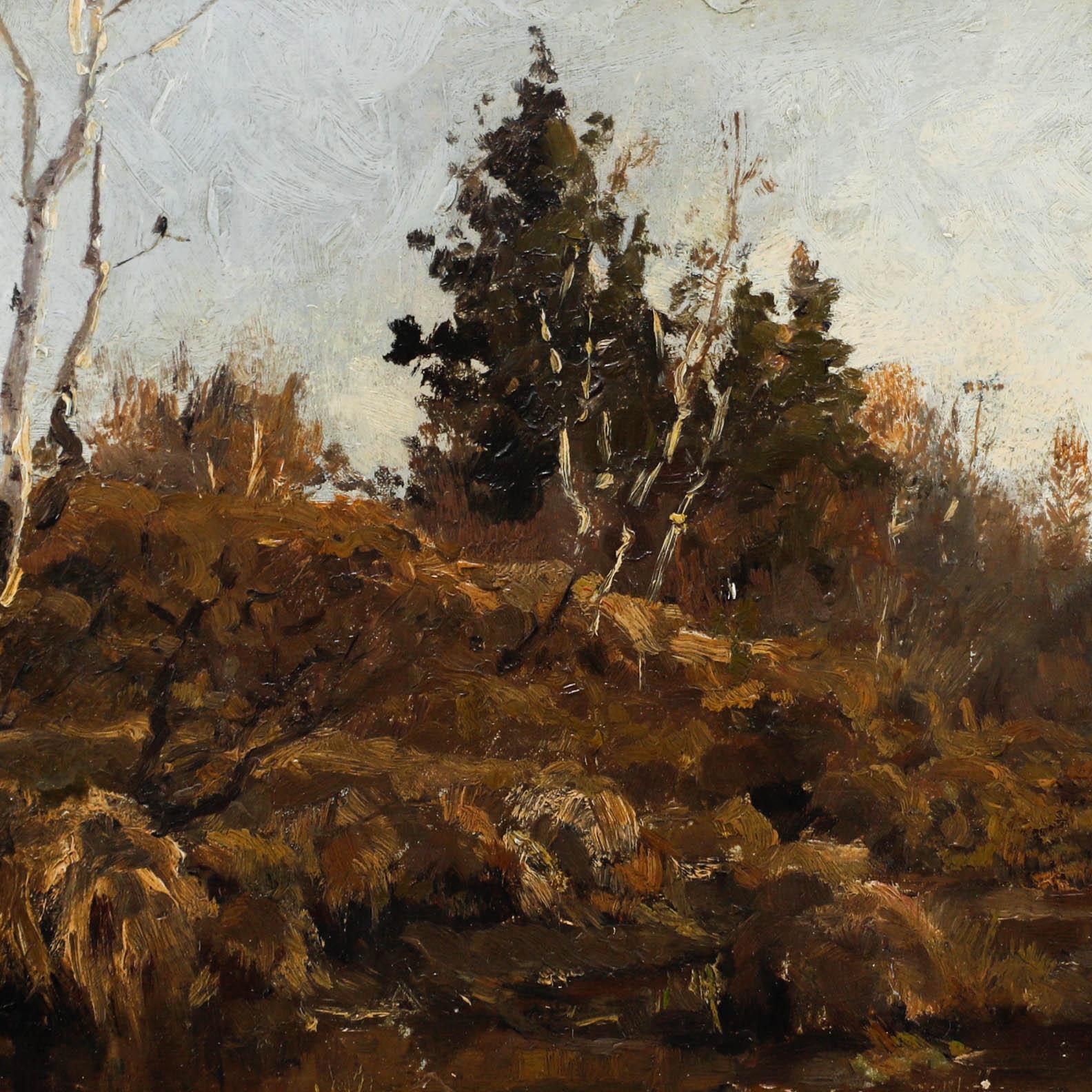 This atmospheric landscape painting, enclosed in an ornate gilded frame, captures a rugged woodland scene with bare trees and evergreens against a muted sky. The artist's skillful use of subdued tones and loose brushwork evokes a sense of rustic
