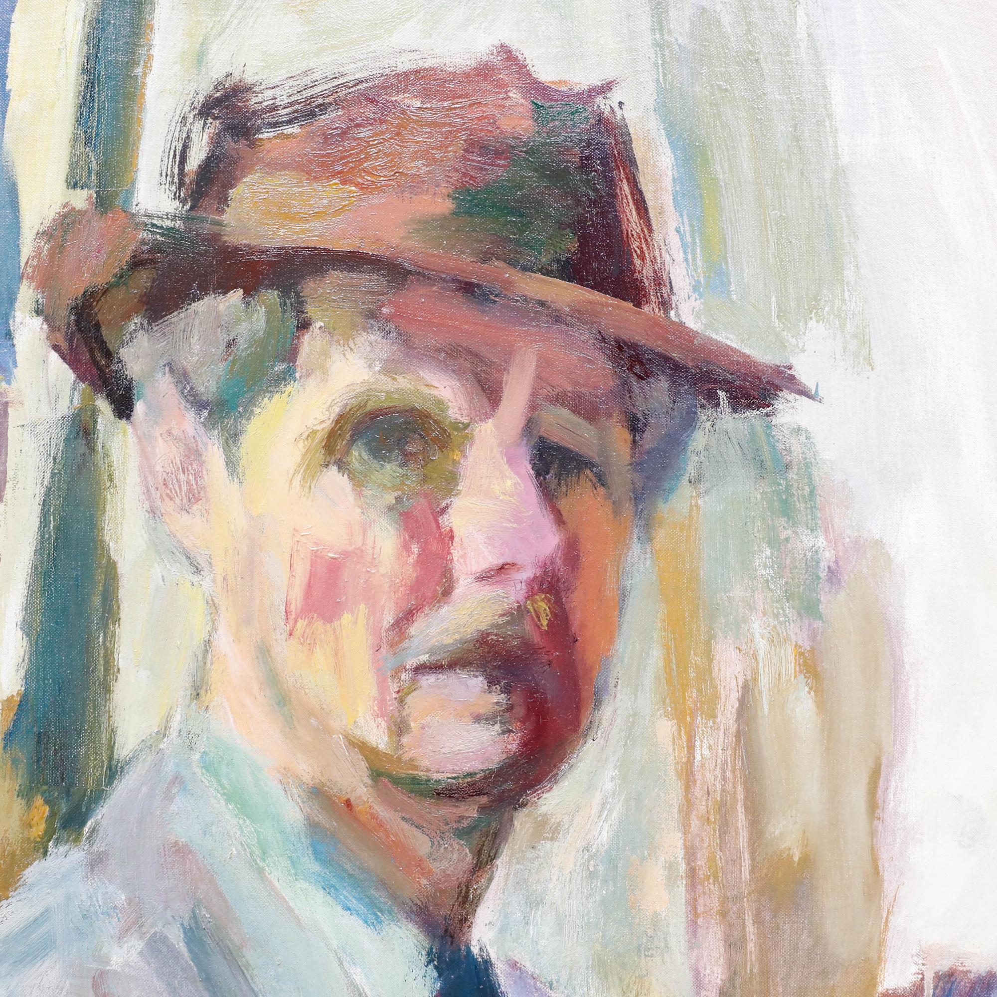 Ein fesselndes Self-Portrait von Willem Kouwer Boomkens (1911-1991), das eine leuchtende Palette von Gelb-, Rosa- und Grüntönen zeigt. Die kühnen, gestischen Pinselstriche und die Verwendung von Farbe spiegeln einen deutlichen fauvistischen Einfluss