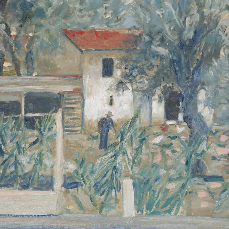 Un estudio verdaderamente maravilloso de un jardinero que cuida de su jardín italiano. Pollos y gallinas picotean en el patio mientras él riega los arbustos. Un tejado de terracota asoma tras una hilera de olivos. Tan magistralmente pintado, la