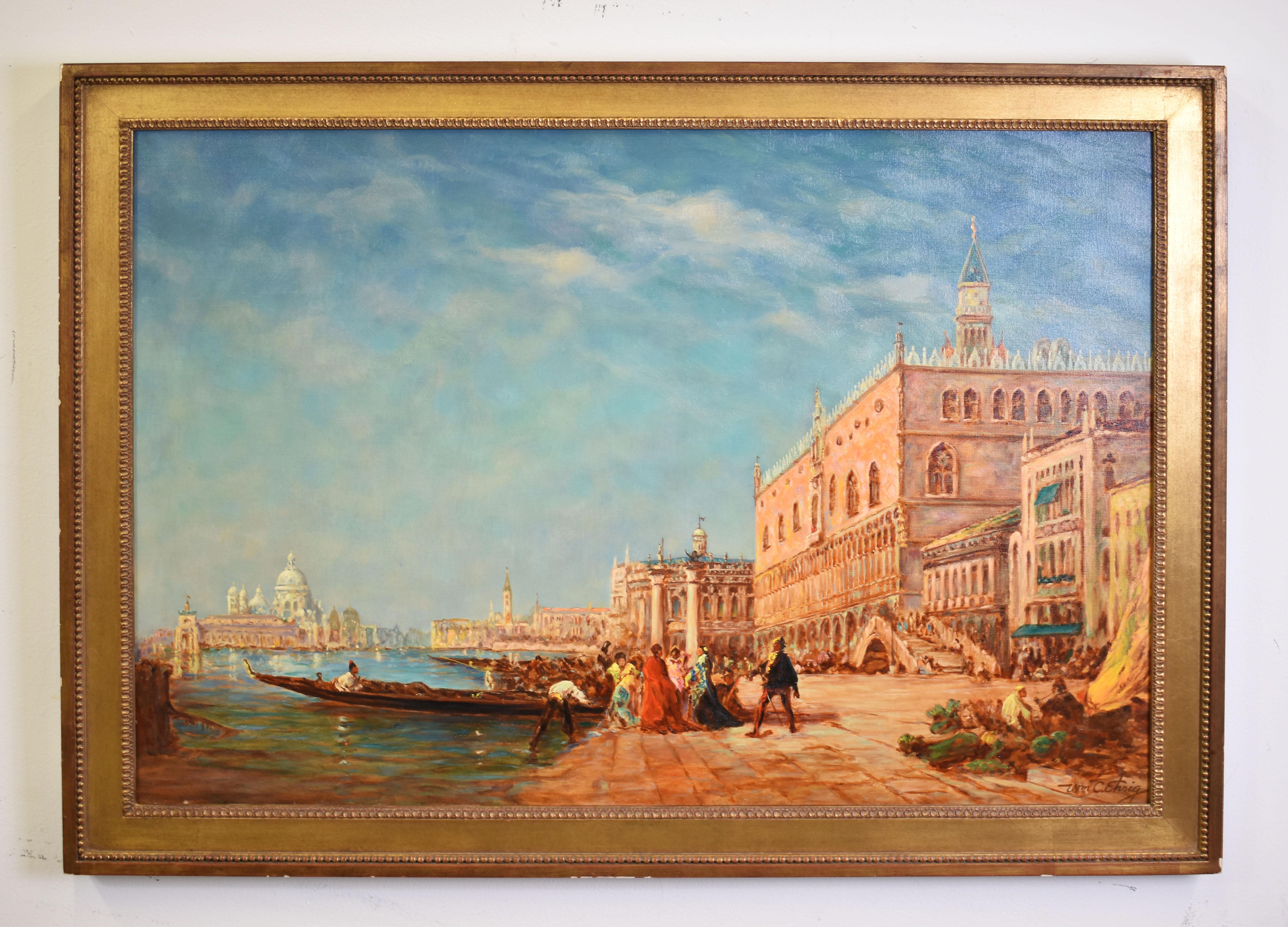 William Ehrig Signed Antique Large Impressionist Oil Painting of Venice Italy - Gray Landscape Painting by Unknown