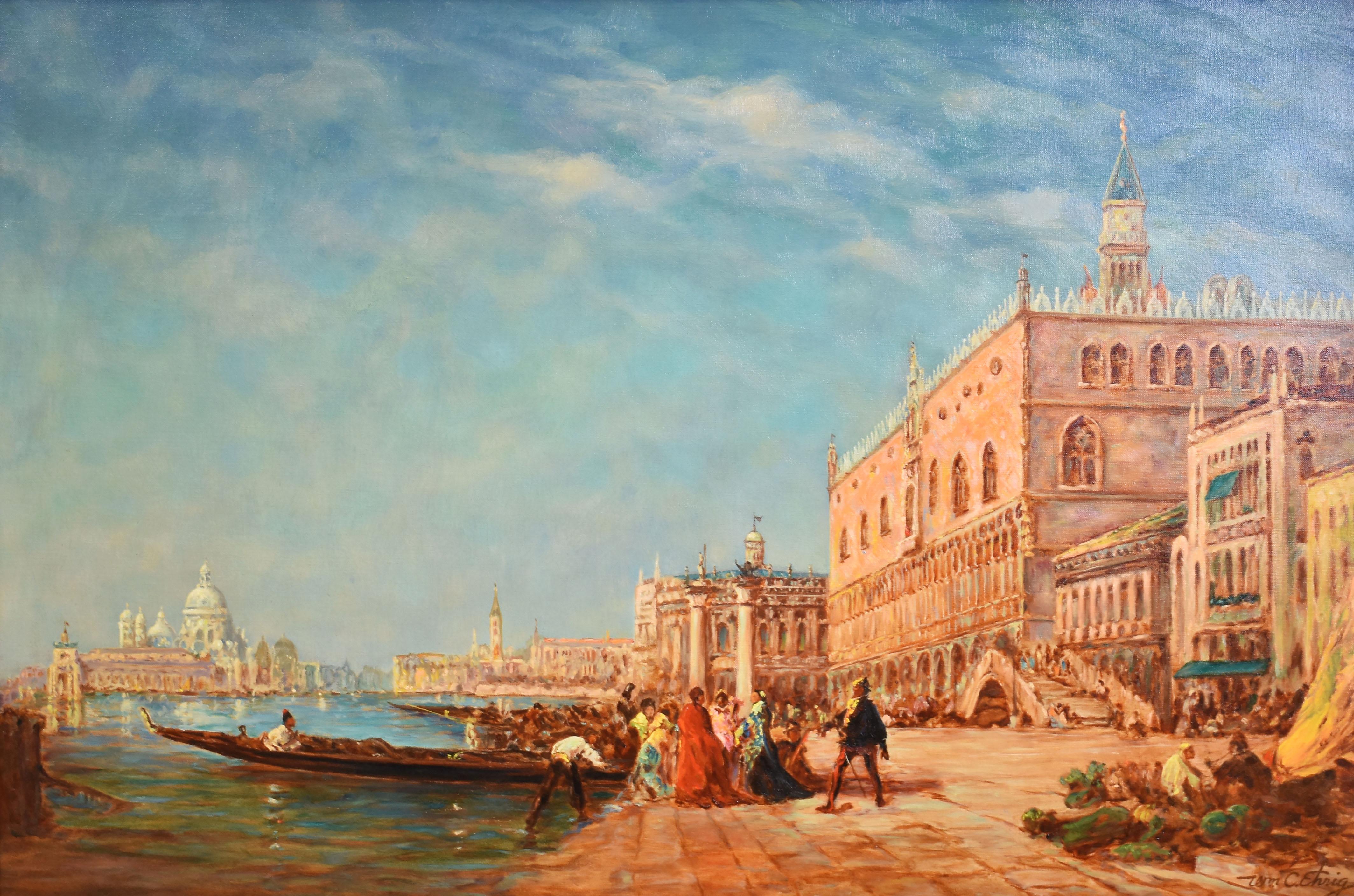 Antique American impressionist oil painting of Venice, Italy by William Columbus Ehrig  (1892 - 1969.  Oil on canvas, circa 1920.  Signed.  Displayed in a period giltwood frame.  Image size, 40