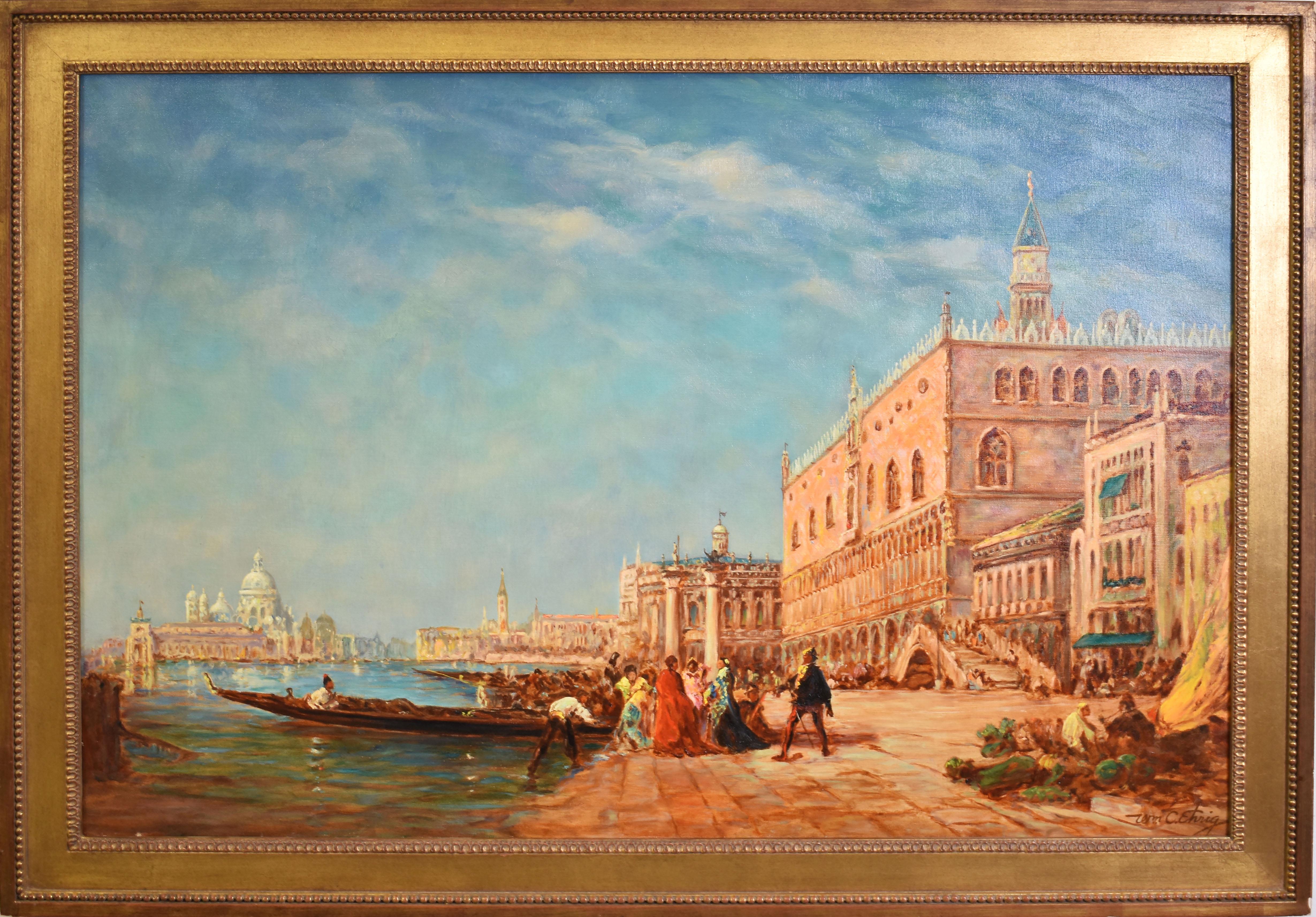 Unknown Landscape Painting - William Ehrig Signed Antique Large Impressionist Oil Painting of Venice Italy