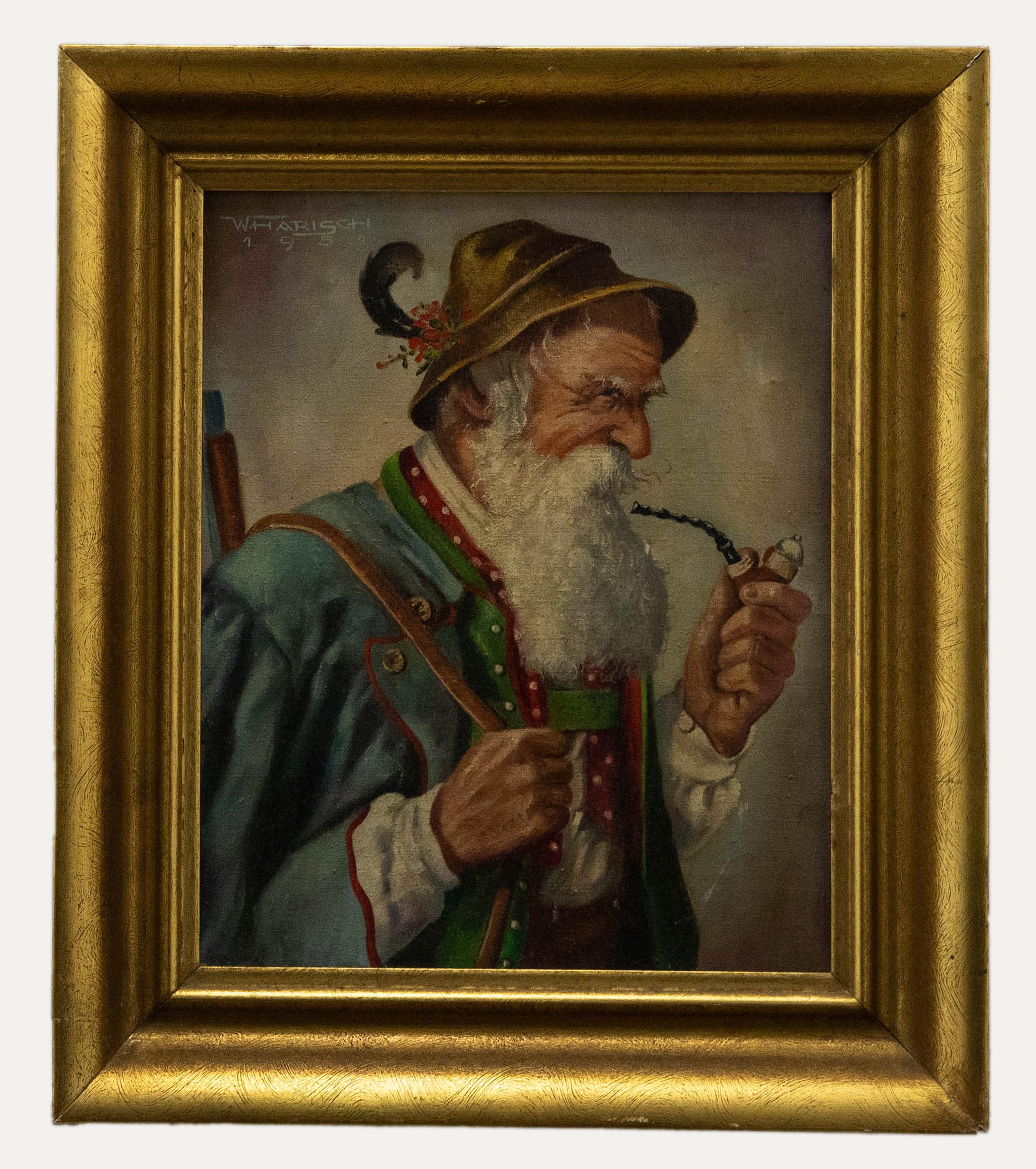 Unknown Portrait Painting - William Harisch (1914-1967) - 1951 Oil, Bavarian Pipe Smoker
