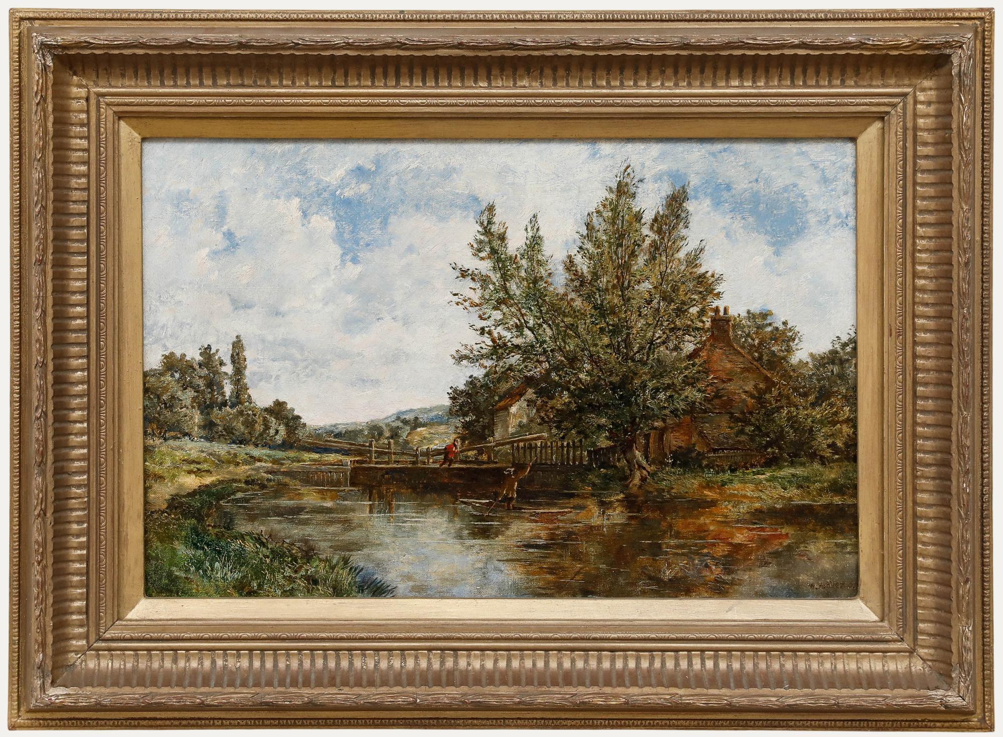 Landscape Painting de Unknown - William Herbert Allen (1863-1943) - Óleo enmarcado, En la puerta de la esclusa