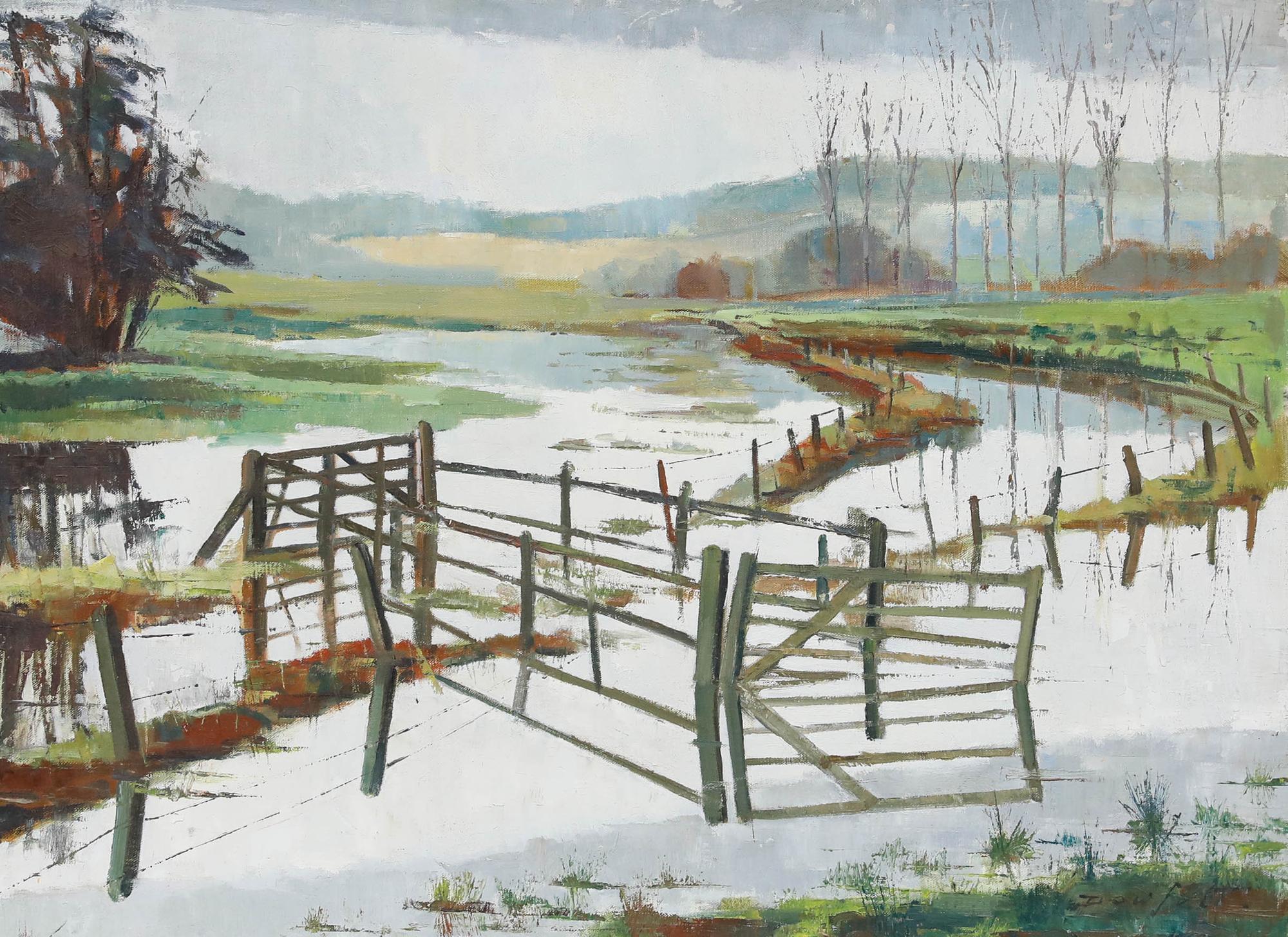 William J. Dowsett - Mid 20th Century Oil, Flooded Fields - Painting by Unknown